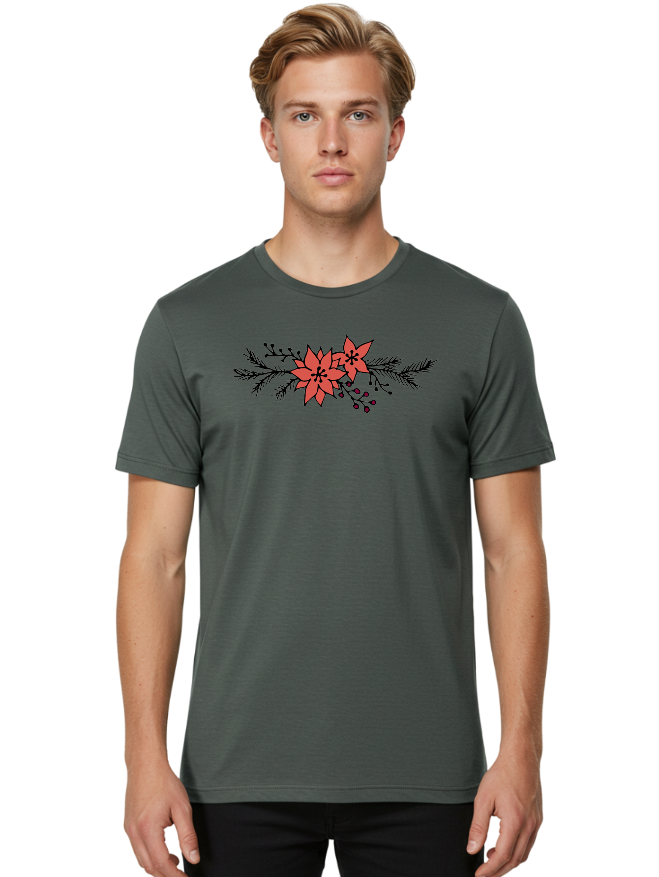 Christmas-Poinsettia Men'S Graphic Tee, 100% Cotton, Comfortable Casual Summer Wear, Machine Washable, Red Poinsettia Flowers, Festive Decorations, Holiday Decor, Christmas Flowers, Floral Arrangements, Winter Flowers -  Aaa818 24