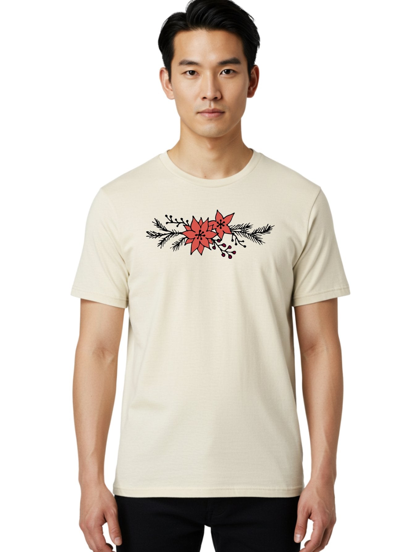 Christmas-Poinsettia Men'S Graphic Tee, 100% Cotton, Comfortable Casual Summer Wear, Machine Washable, Red Poinsettia Flowers, Festive Decorations, Holiday Decor, Christmas Flowers, Floral Arrangements, Winter Flowers -  Aaa818 23