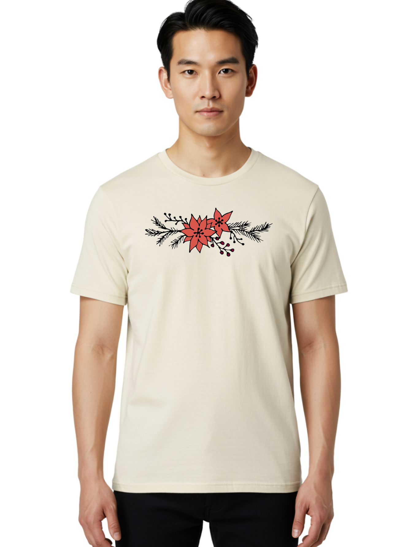Christmas-Poinsettia Men'S Graphic Tee, 100% Cotton, Comfortable Casual Summer Wear, Machine Washable, Red Poinsettia Flowers, Festive Decorations, Holiday Decor, Christmas Flowers, Floral Arrangements, Winter Flowers -  Aaa818 14