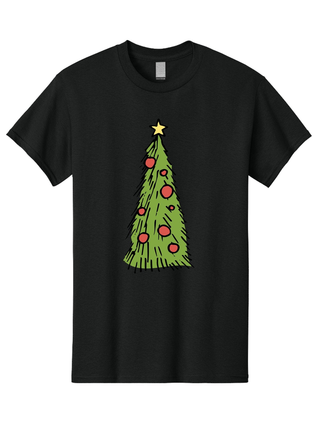 Christmas-Tree-2 Men'S Graphic Tee, 100% Cotton, Comfortable Casual Summer Wear, Machine Washable, Christmas Tree, Festive Decorations, Red Ornaments, Yellow Star, Holiday Season, Winter Wonderland, Cartoon Illustration, Simple Design -  Aaa823