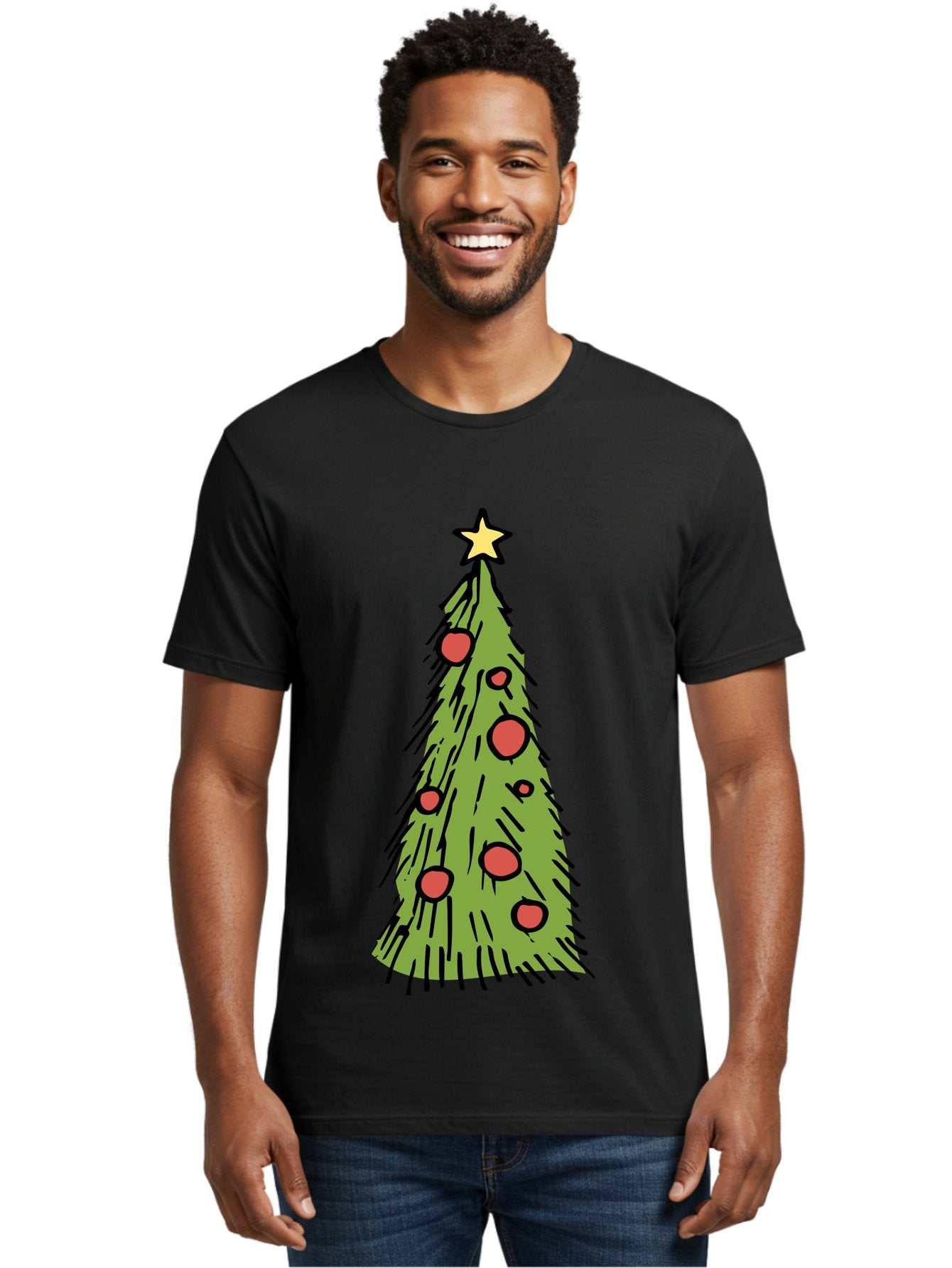 Christmas-Tree-2 Men'S Graphic Tee, 100% Cotton, Comfortable Casual Summer Wear, Machine Washable, Christmas Tree, Festive Decorations, Red Ornaments, Yellow Star, Holiday Season, Winter Wonderland, Cartoon Illustration, Simple Design -  Aaa823 21