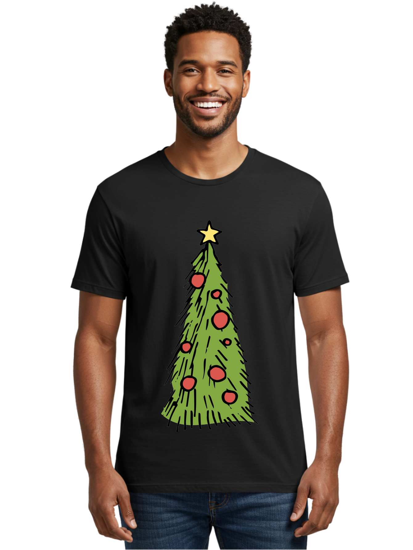 Christmas-Tree-2 Men'S Graphic Tee, 100% Cotton, Comfortable Casual Summer Wear, Machine Washable, Christmas Tree, Festive Decorations, Red Ornaments, Yellow Star, Holiday Season, Winter Wonderland, Cartoon Illustration, Simple Design -  Aaa823