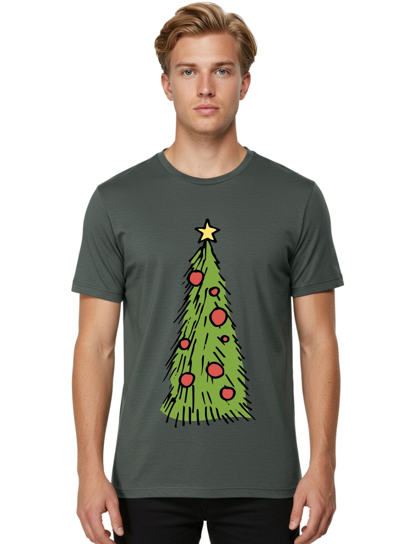 Christmas-Tree-2 Men'S Graphic Tee, 100% Cotton, Comfortable Casual Summer Wear, Machine Washable, Christmas Tree, Festive Decorations, Red Ornaments, Yellow Star, Holiday Season, Winter Wonderland, Cartoon Illustration, Simple Design -  Aaa823 25