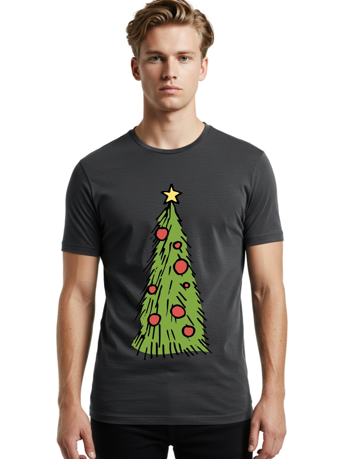 Christmas-Tree-2 Men'S Graphic Tee, 100% Cotton, Comfortable Casual Summer Wear, Machine Washable, Christmas Tree, Festive Decorations, Red Ornaments, Yellow Star, Holiday Season, Winter Wonderland, Cartoon Illustration, Simple Design -  Aaa823 16