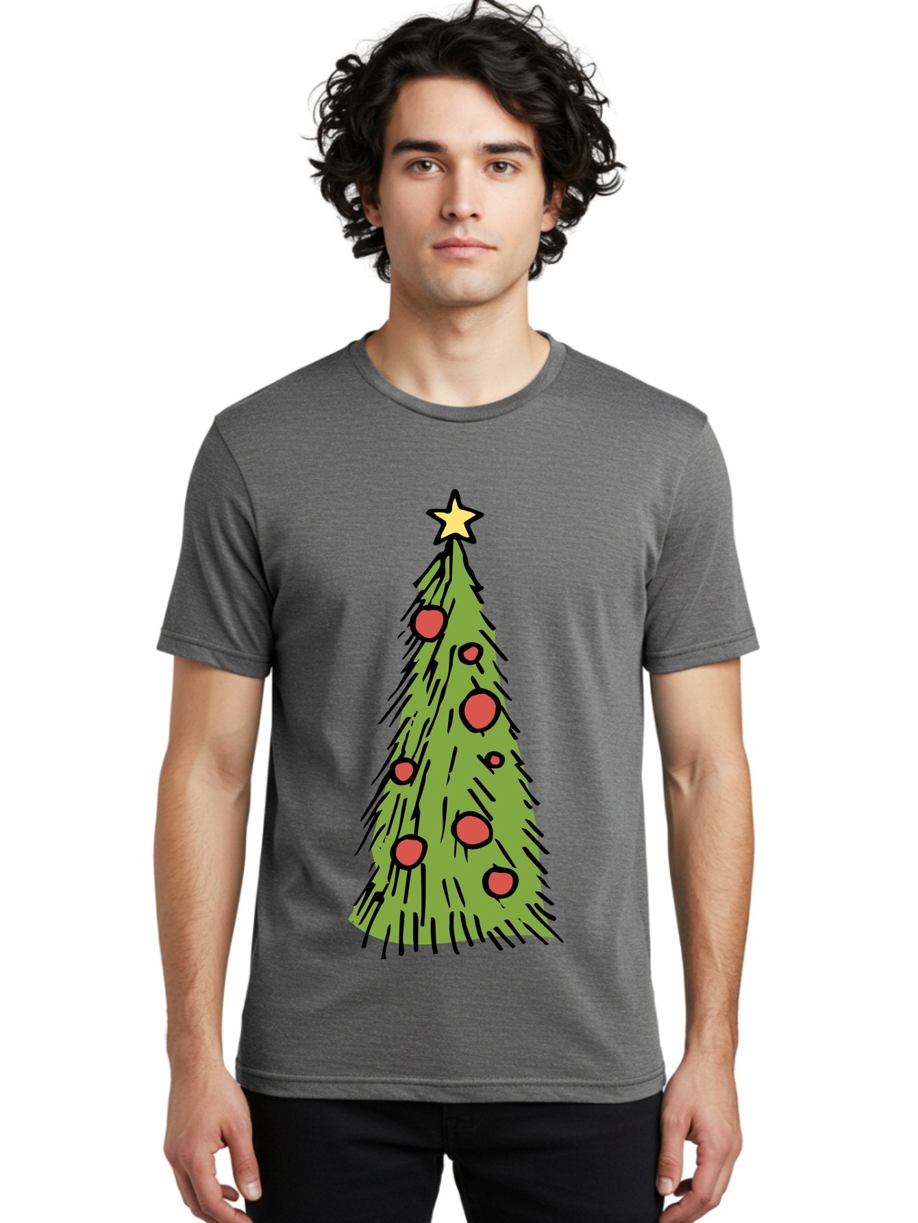 Christmas-Tree-2 Men'S Graphic Tee, 100% Cotton, Comfortable Casual Summer Wear, Machine Washable, Christmas Tree, Festive Decorations, Red Ornaments, Yellow Star, Holiday Season, Winter Wonderland, Cartoon Illustration, Simple Design -  Aaa823 29