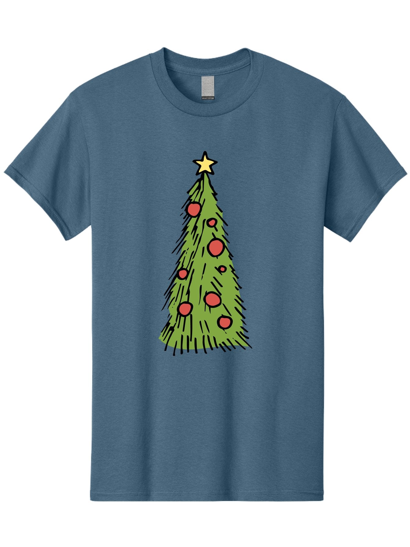 Christmas-Tree-2 Men'S Graphic Tee, 100% Cotton, Comfortable Casual Summer Wear, Machine Washable, Christmas Tree, Festive Decorations, Red Ornaments, Yellow Star, Holiday Season, Winter Wonderland, Cartoon Illustration, Simple Design -  Aaa823