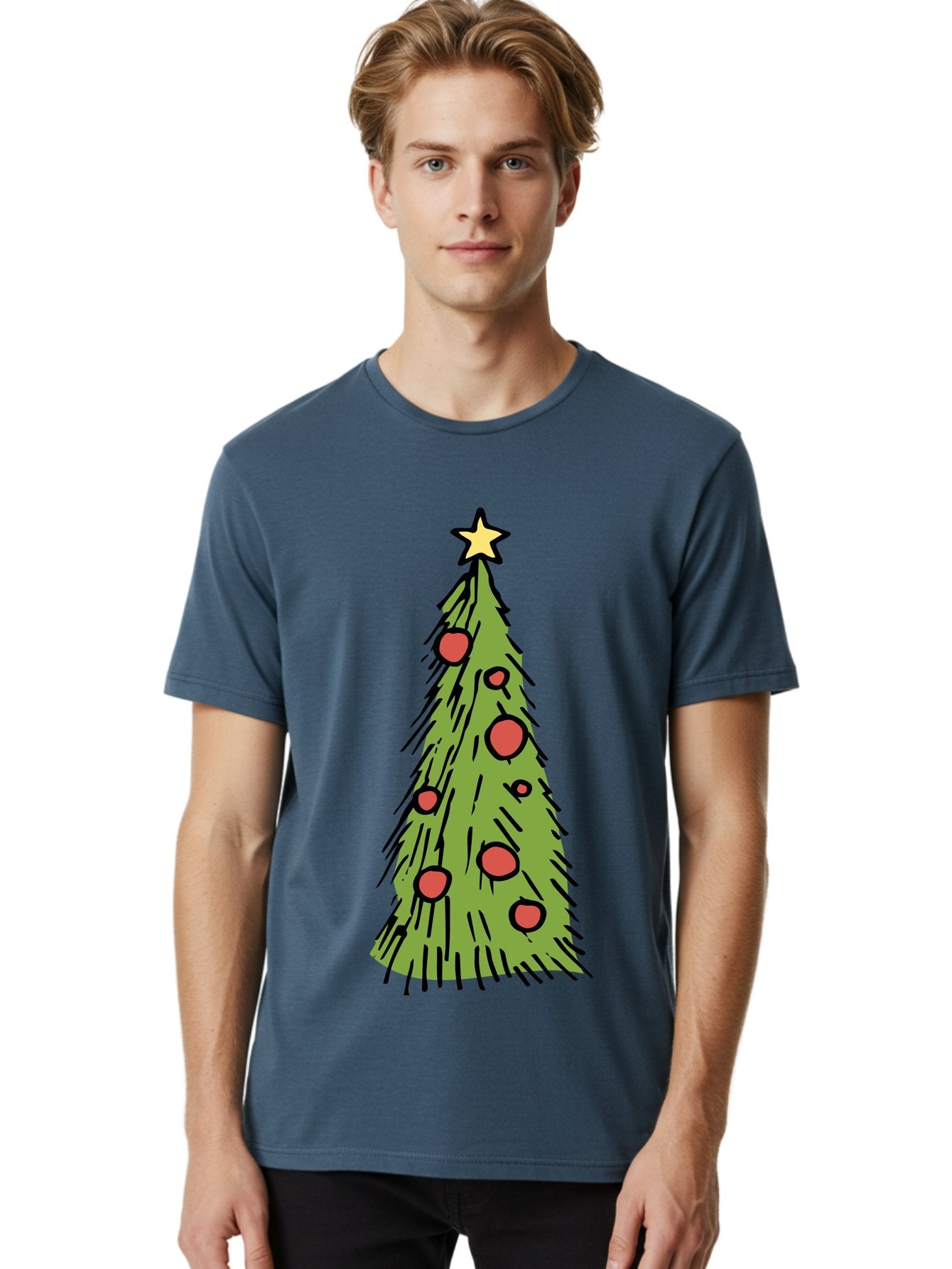 Christmas-Tree-2 Men'S Graphic Tee, 100% Cotton, Comfortable Casual Summer Wear, Machine Washable, Christmas Tree, Festive Decorations, Red Ornaments, Yellow Star, Holiday Season, Winter Wonderland, Cartoon Illustration, Simple Design -  Aaa823 19