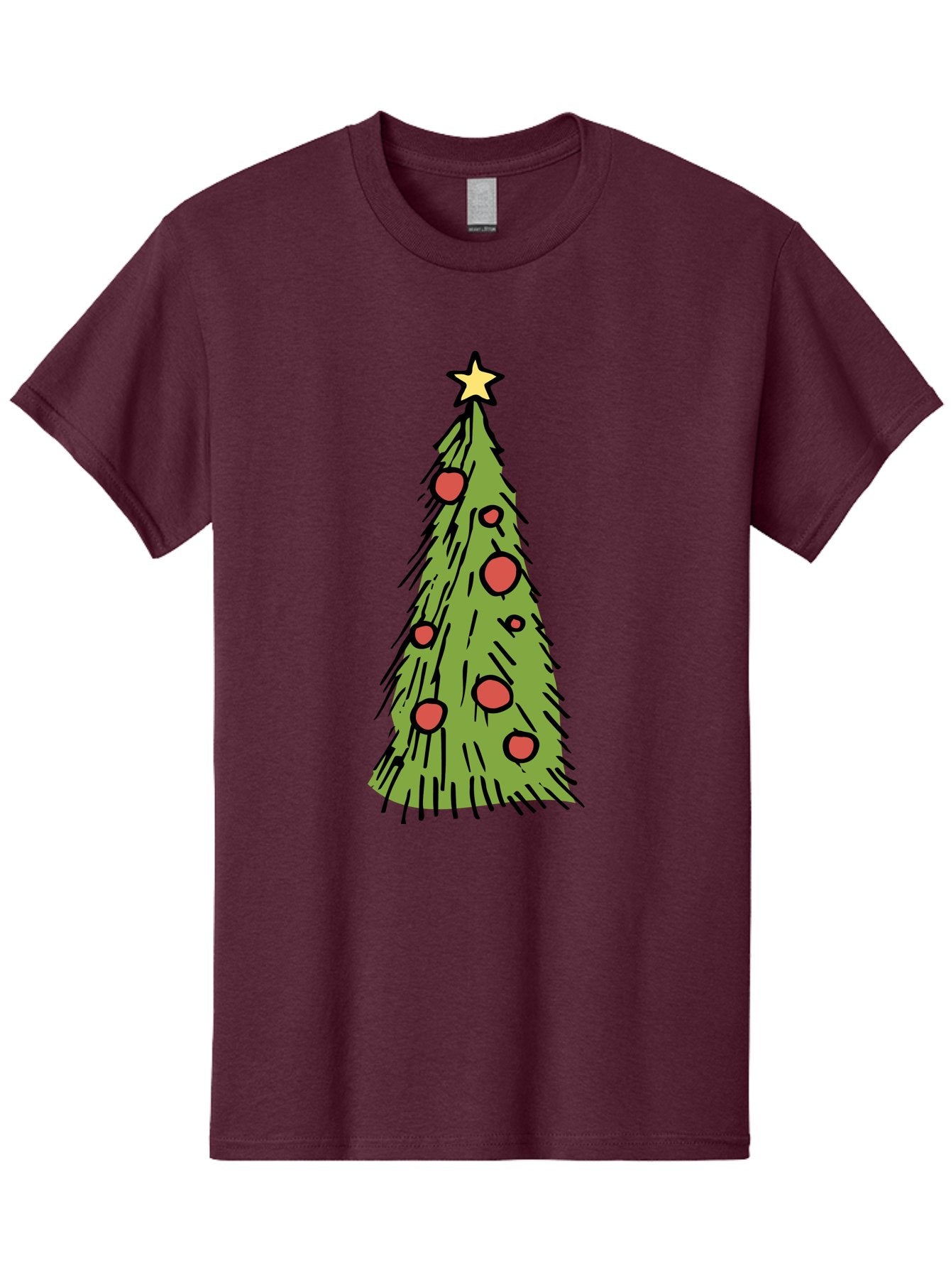 Christmas-Tree-2 Men'S Graphic Tee, 100% Cotton, Comfortable Casual Summer Wear, Machine Washable, Christmas Tree, Festive Decorations, Red Ornaments, Yellow Star, Holiday Season, Winter Wonderland, Cartoon Illustration, Simple Design -  Aaa823 10