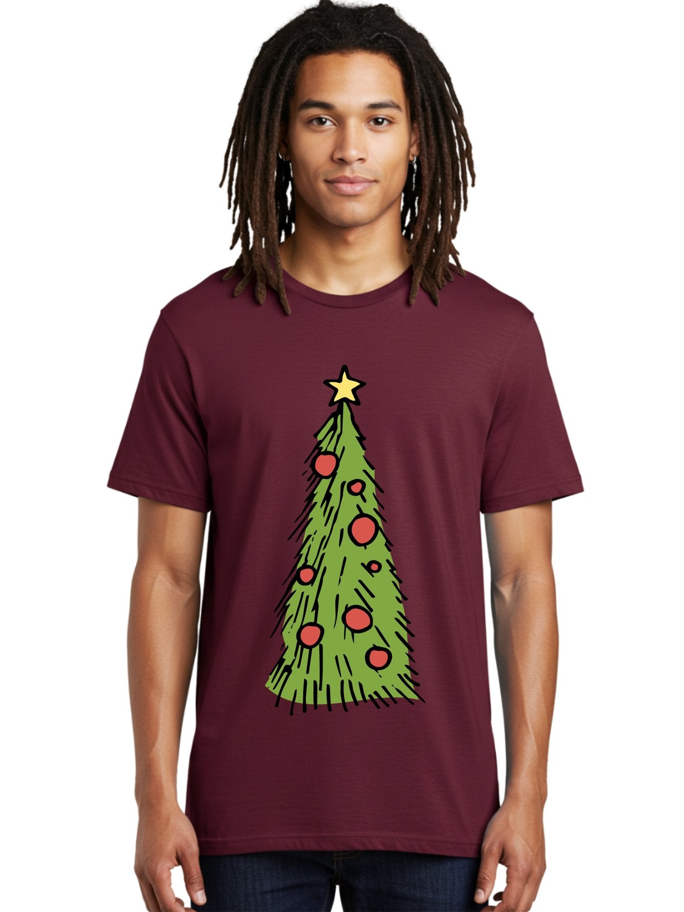 Christmas-Tree-2 Men'S Graphic Tee, 100% Cotton, Comfortable Casual Summer Wear, Machine Washable, Christmas Tree, Festive Decorations, Red Ornaments, Yellow Star, Holiday Season, Winter Wonderland, Cartoon Illustration, Simple Design -  Aaa823 17
