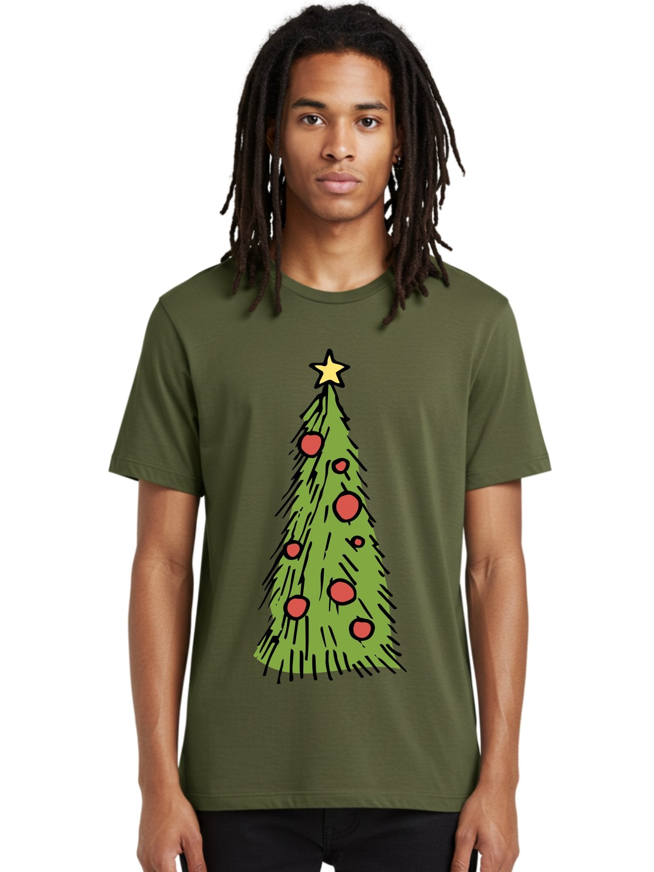 Christmas-Tree-2 Men'S Graphic Tee, 100% Cotton, Comfortable Casual Summer Wear, Machine Washable, Christmas Tree, Festive Decorations, Red Ornaments, Yellow Star, Holiday Season, Winter Wonderland, Cartoon Illustration, Simple Design -  Aaa823 30