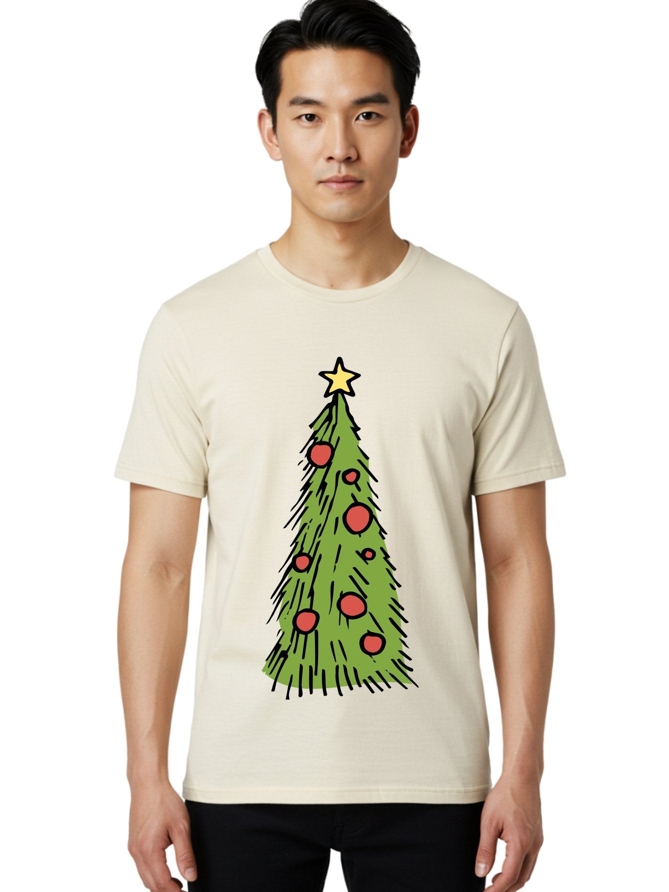 Christmas-Tree-2 Men'S Graphic Tee, 100% Cotton, Comfortable Casual Summer Wear, Machine Washable, Christmas Tree, Festive Decorations, Red Ornaments, Yellow Star, Holiday Season, Winter Wonderland, Cartoon Illustration, Simple Design -  Aaa823 18