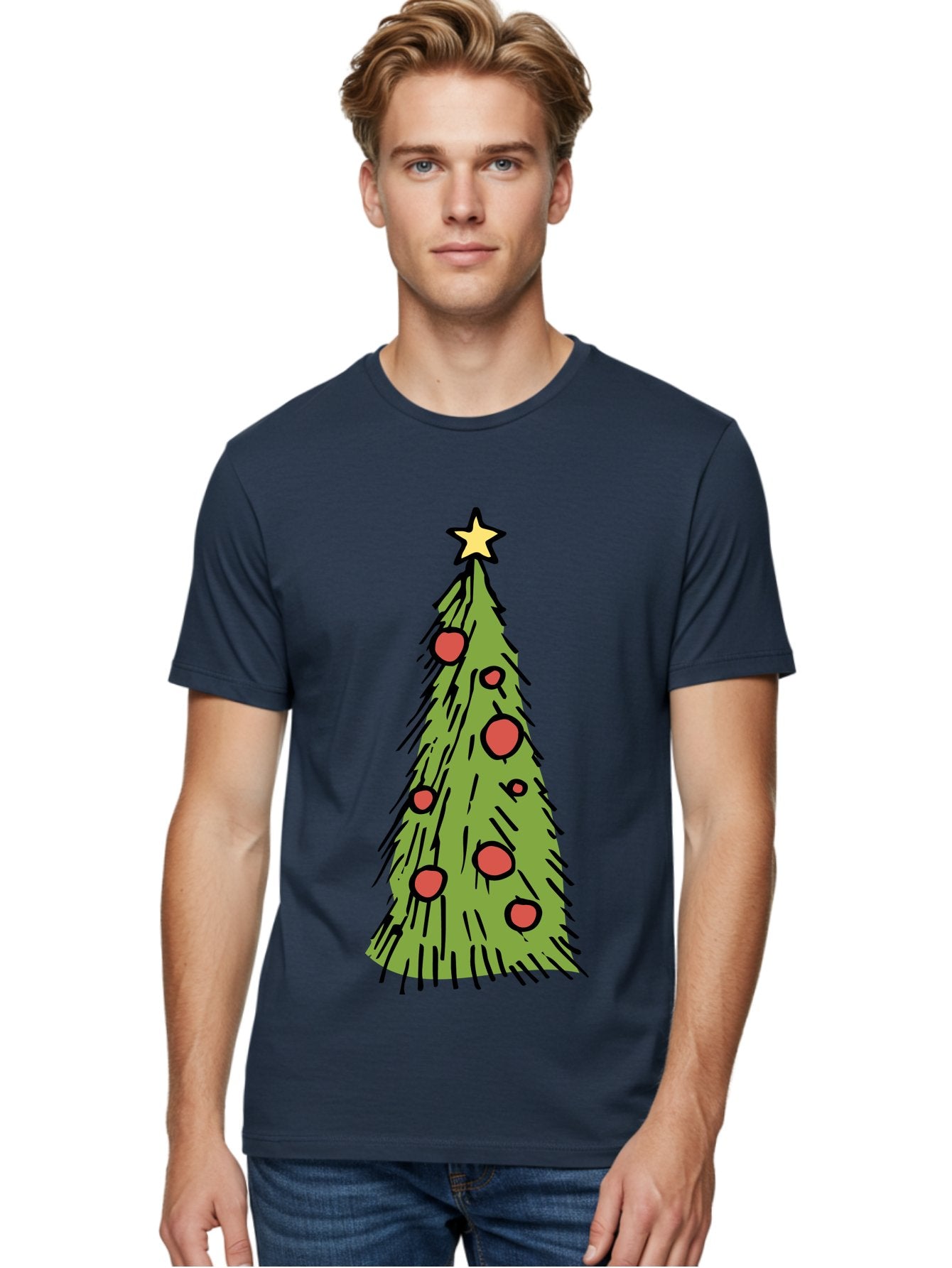 Christmas-Tree-2 Men'S Graphic Tee, 100% Cotton, Comfortable Casual Summer Wear, Machine Washable, Christmas Tree, Festive Decorations, Red Ornaments, Yellow Star, Holiday Season, Winter Wonderland, Cartoon Illustration, Simple Design -  Aaa823 23
