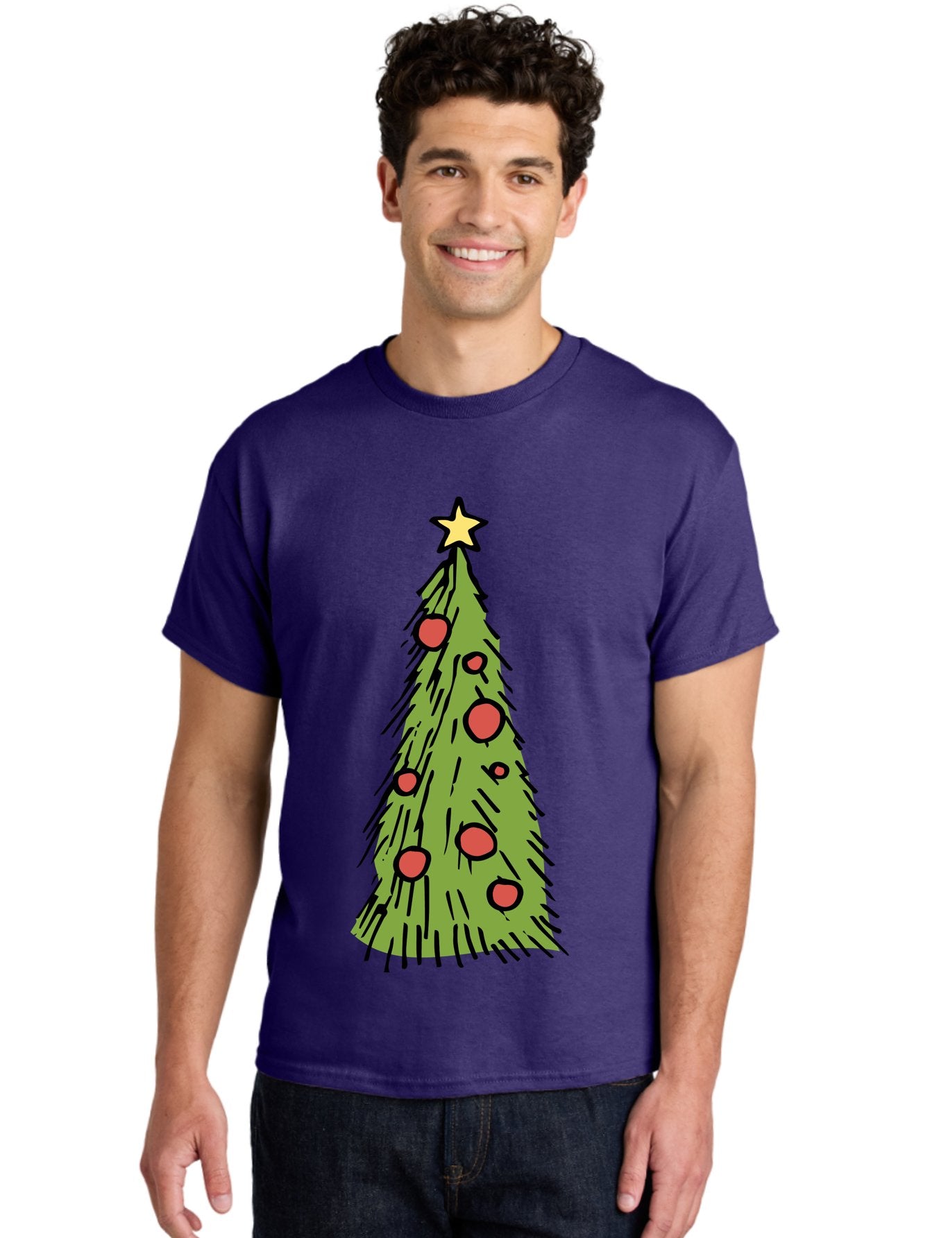 Christmas-Tree-2 Men'S Graphic Tee, 100% Cotton, Comfortable Casual Summer Wear, Machine Washable, Christmas Tree, Festive Decorations, Red Ornaments, Yellow Star, Holiday Season, Winter Wonderland, Cartoon Illustration, Simple Design -  Aaa823 24