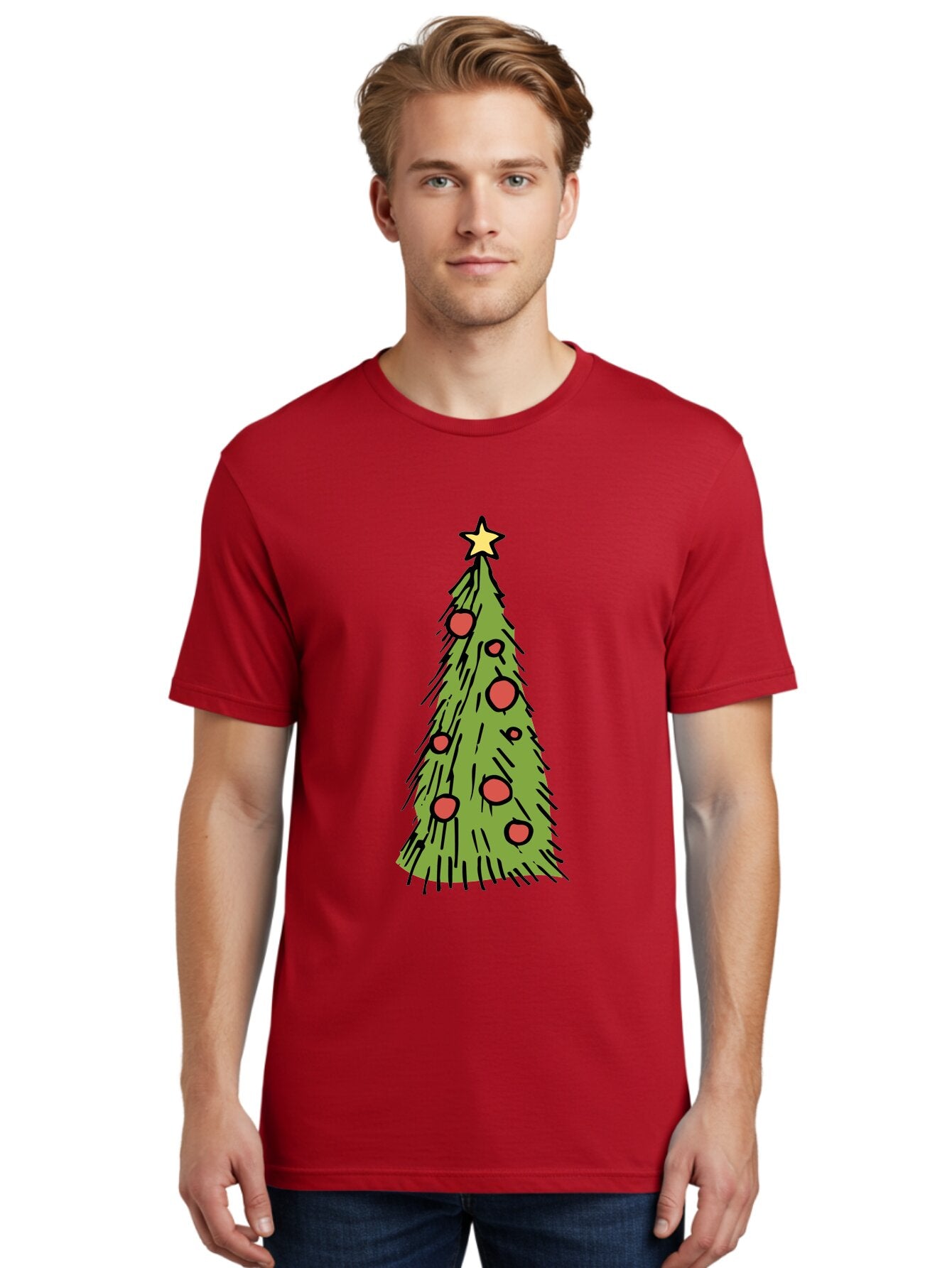Christmas-Tree-2 Men'S Graphic Tee, 100% Cotton, Comfortable Casual Summer Wear, Machine Washable, Christmas Tree, Festive Decorations, Red Ornaments, Yellow Star, Holiday Season, Winter Wonderland, Cartoon Illustration, Simple Design -  Aaa823 22