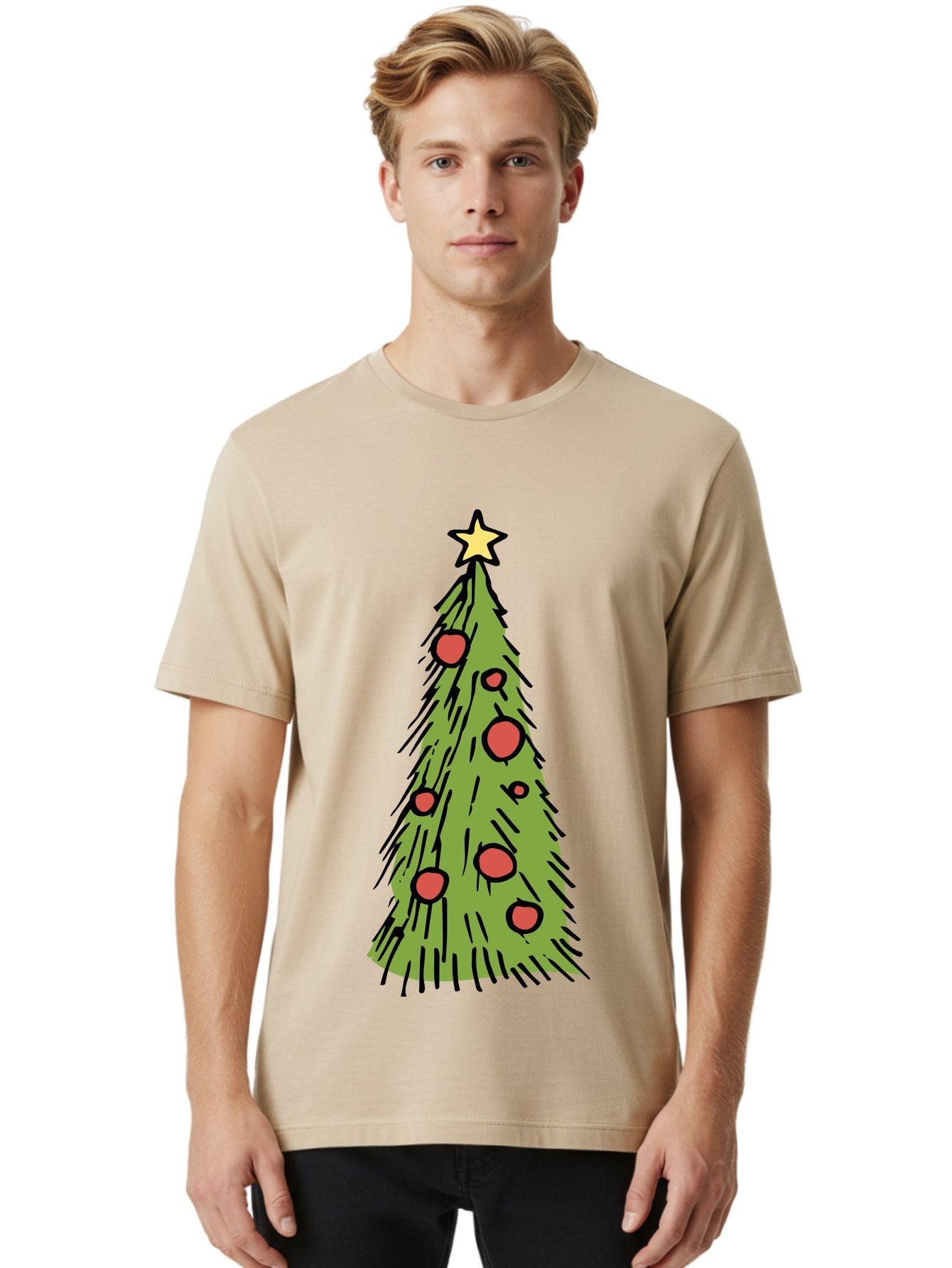 Christmas-Tree-2 Men'S Graphic Tee, 100% Cotton, Comfortable Casual Summer Wear, Machine Washable, Christmas Tree, Festive Decorations, Red Ornaments, Yellow Star, Holiday Season, Winter Wonderland, Cartoon Illustration, Simple Design -  Aaa823 26