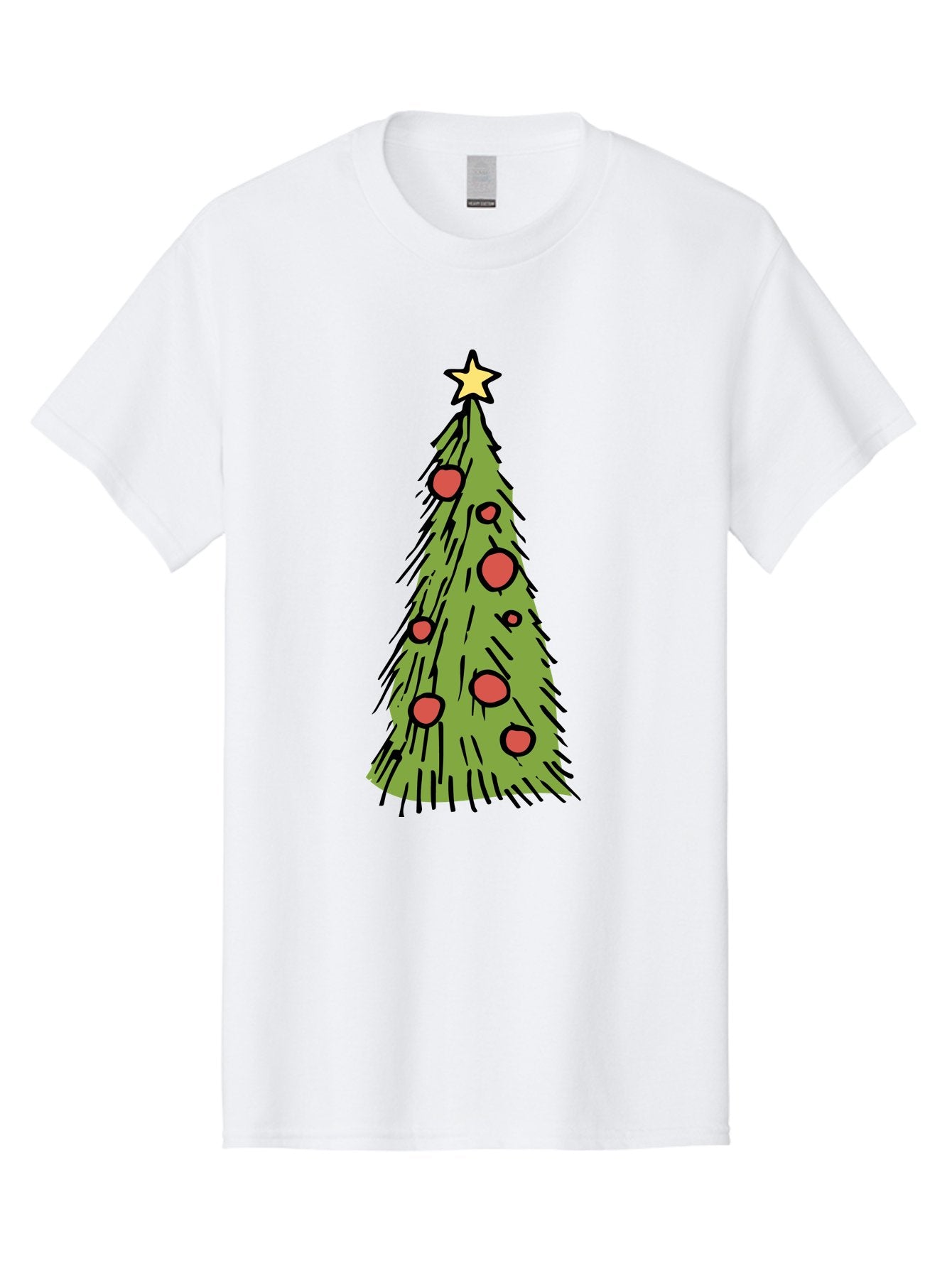 Christmas-Tree-2 Men'S Graphic Tee, 100% Cotton, Comfortable Casual Summer Wear, Machine Washable, Christmas Tree, Festive Decorations, Red Ornaments, Yellow Star, Holiday Season, Winter Wonderland, Cartoon Illustration, Simple Design -  Aaa823 11