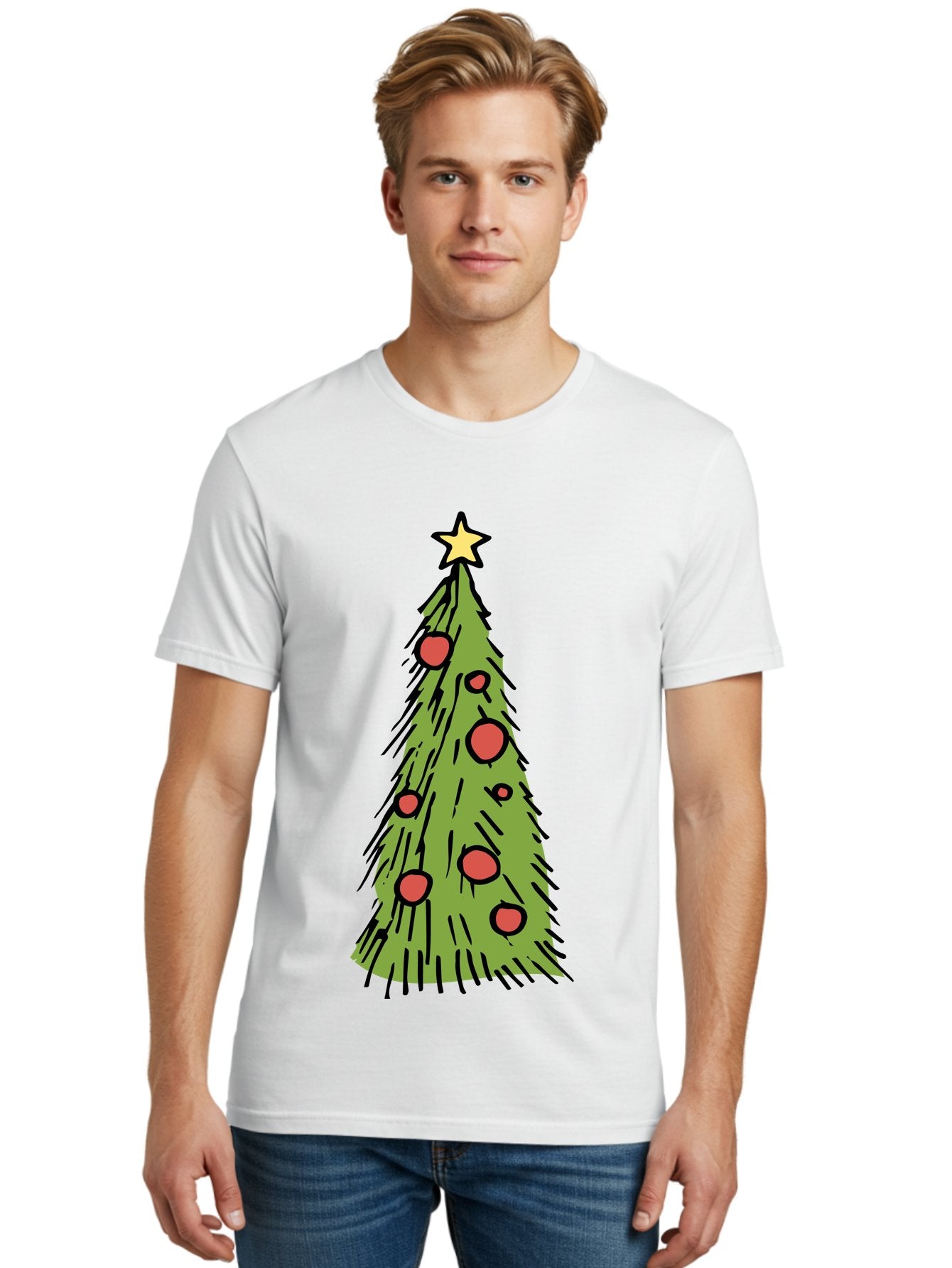Christmas-Tree-2 Men'S Graphic Tee, 100% Cotton, Comfortable Casual Summer Wear, Machine Washable, Christmas Tree, Festive Decorations, Red Ornaments, Yellow Star, Holiday Season, Winter Wonderland, Cartoon Illustration, Simple Design -  Aaa823 27