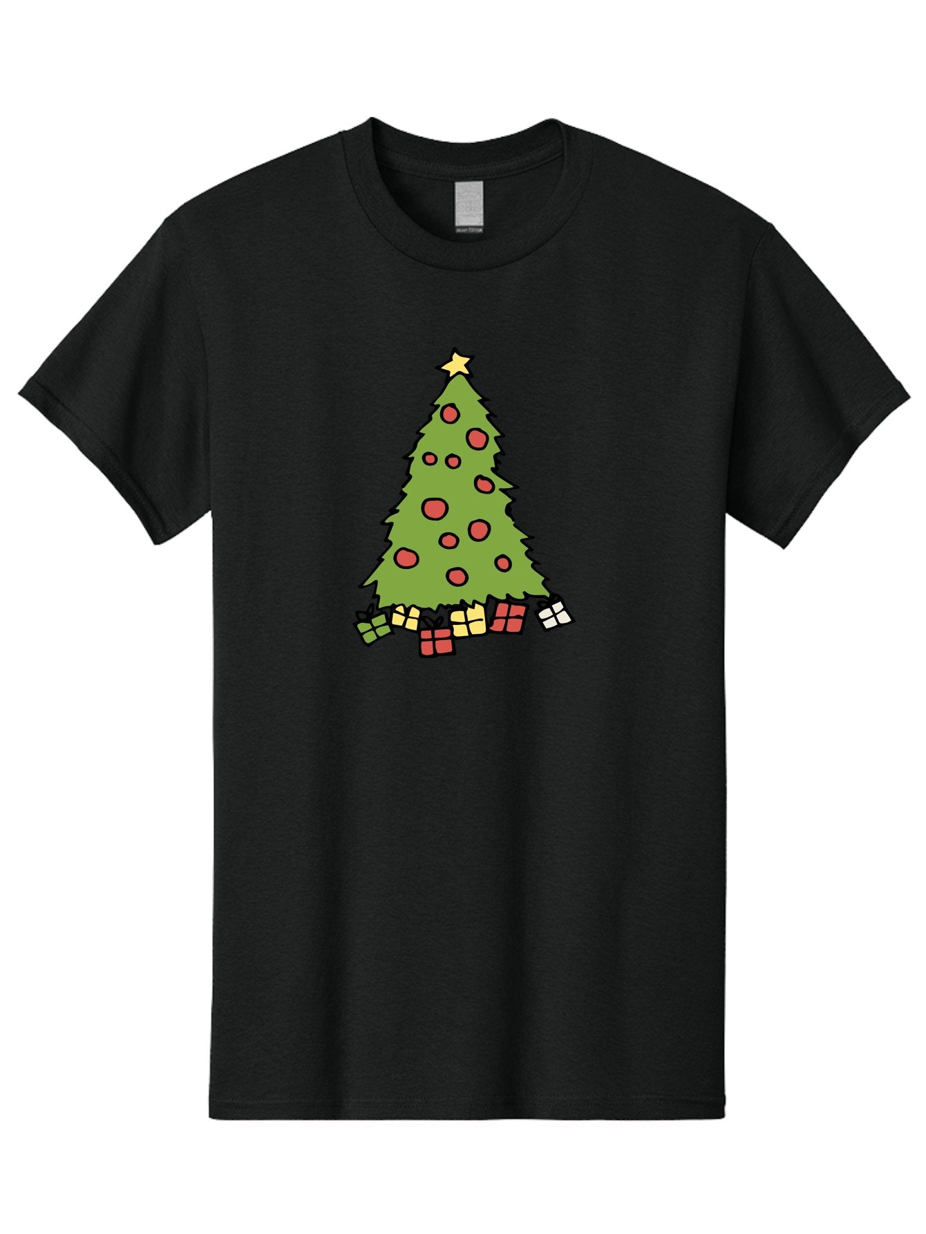 Christmas-Tree-3 Men'S Graphic Tee, 100% Cotton, Comfortable Casual Summer Wear, Machine Washable, Christmas Tree, Red Ornaments, Festive Decorations, Wrapped Gifts, Holiday Season, Joyful Atmosphere, Cartoon Style, Golden Star, -  Aaa824 6