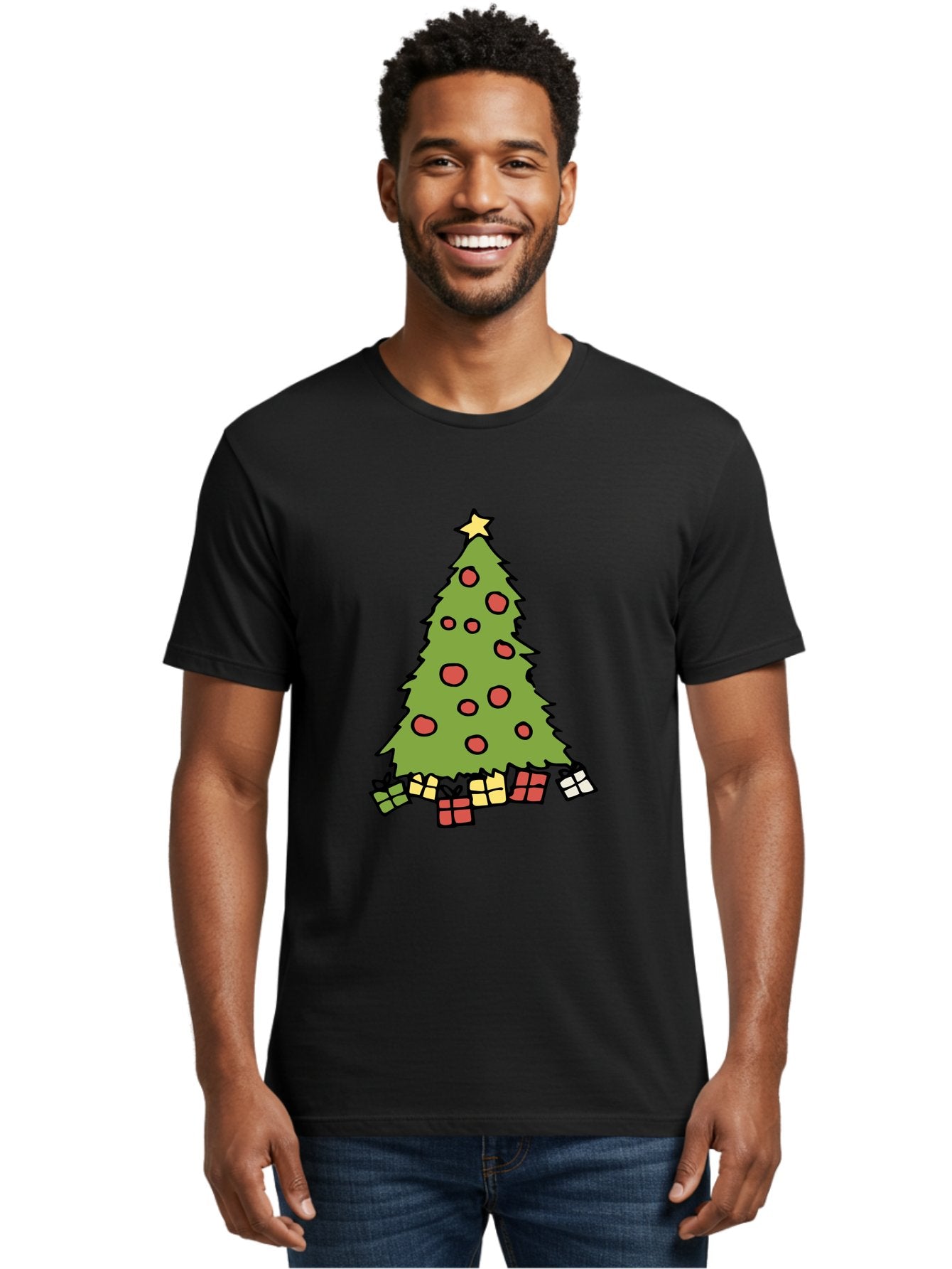 Christmas-Tree-3 Men'S Graphic Tee, 100% Cotton, Comfortable Casual Summer Wear, Machine Washable, Christmas Tree, Red Ornaments, Festive Decorations, Wrapped Gifts, Holiday Season, Joyful Atmosphere, Cartoon Style, Golden Star, -  Aaa824 24