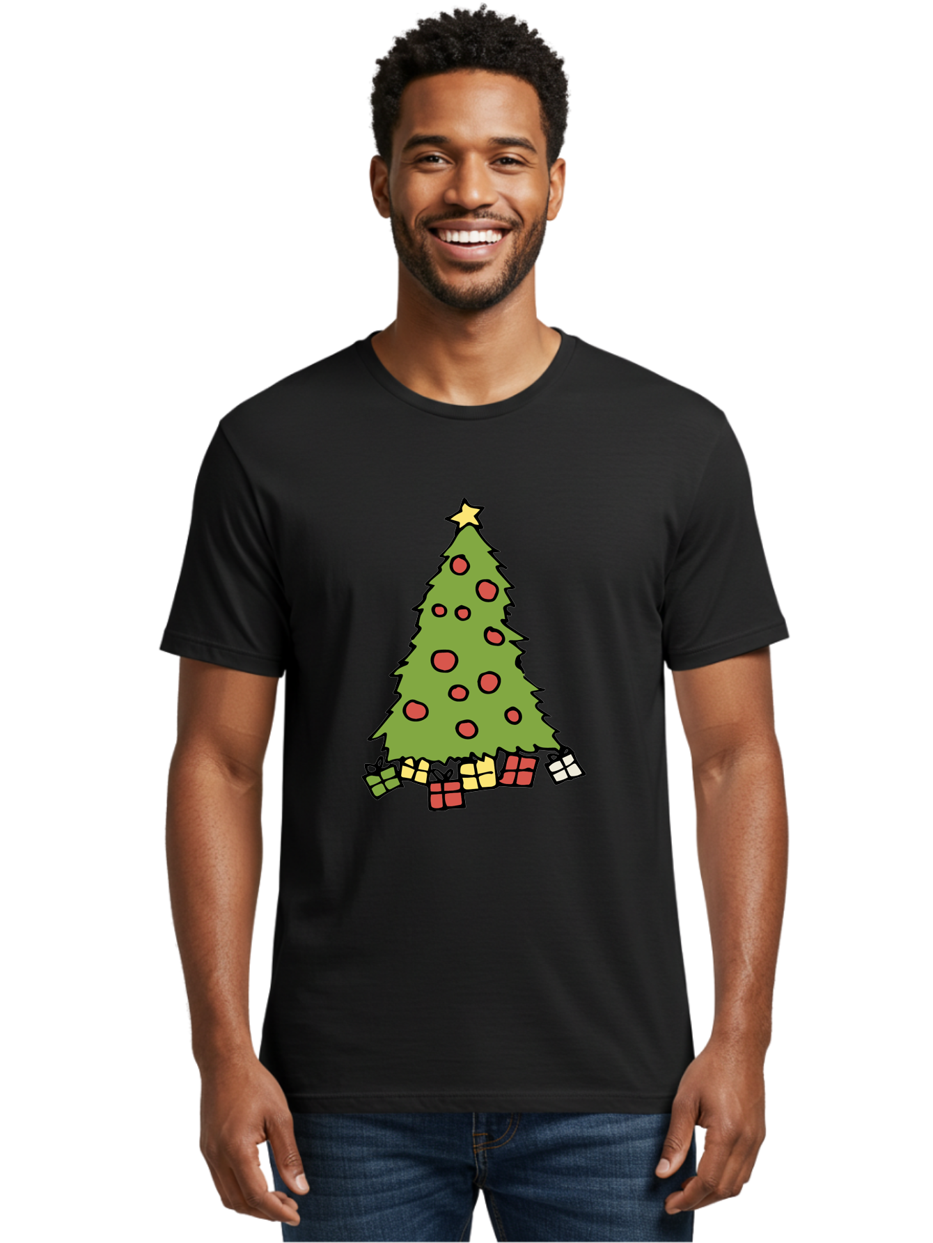 Christmas-Tree-3 Men'S Graphic Tee, 100% Cotton, Comfortable Casual Summer Wear, Machine Washable, Christmas Tree, Red Ornaments, Festive Decorations, Wrapped Gifts, Holiday Season, Joyful Atmosphere, Cartoon Style, Golden Star, -  Aaa824 6