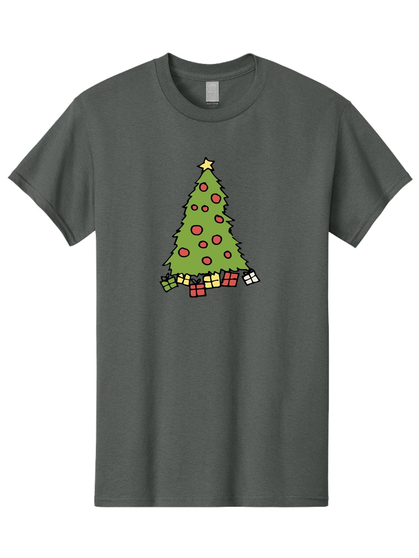 Christmas-Tree-3 Men'S Graphic Tee, 100% Cotton, Comfortable Casual Summer Wear, Machine Washable, Christmas Tree, Red Ornaments, Festive Decorations, Wrapped Gifts, Holiday Season, Joyful Atmosphere, Cartoon Style, Golden Star, -  Aaa824 4