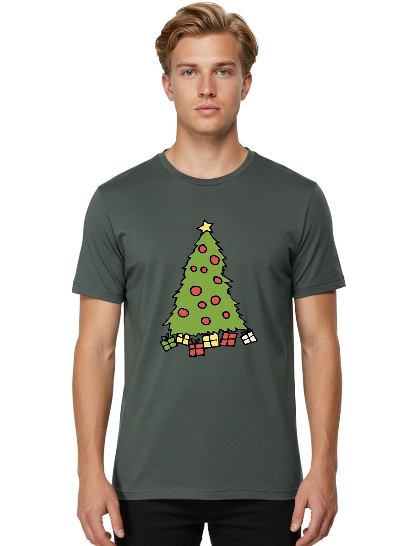 Christmas-Tree-3 Men'S Graphic Tee, 100% Cotton, Comfortable Casual Summer Wear, Machine Washable, Christmas Tree, Red Ornaments, Festive Decorations, Wrapped Gifts, Holiday Season, Joyful Atmosphere, Cartoon Style, Golden Star, -  Aaa824 18