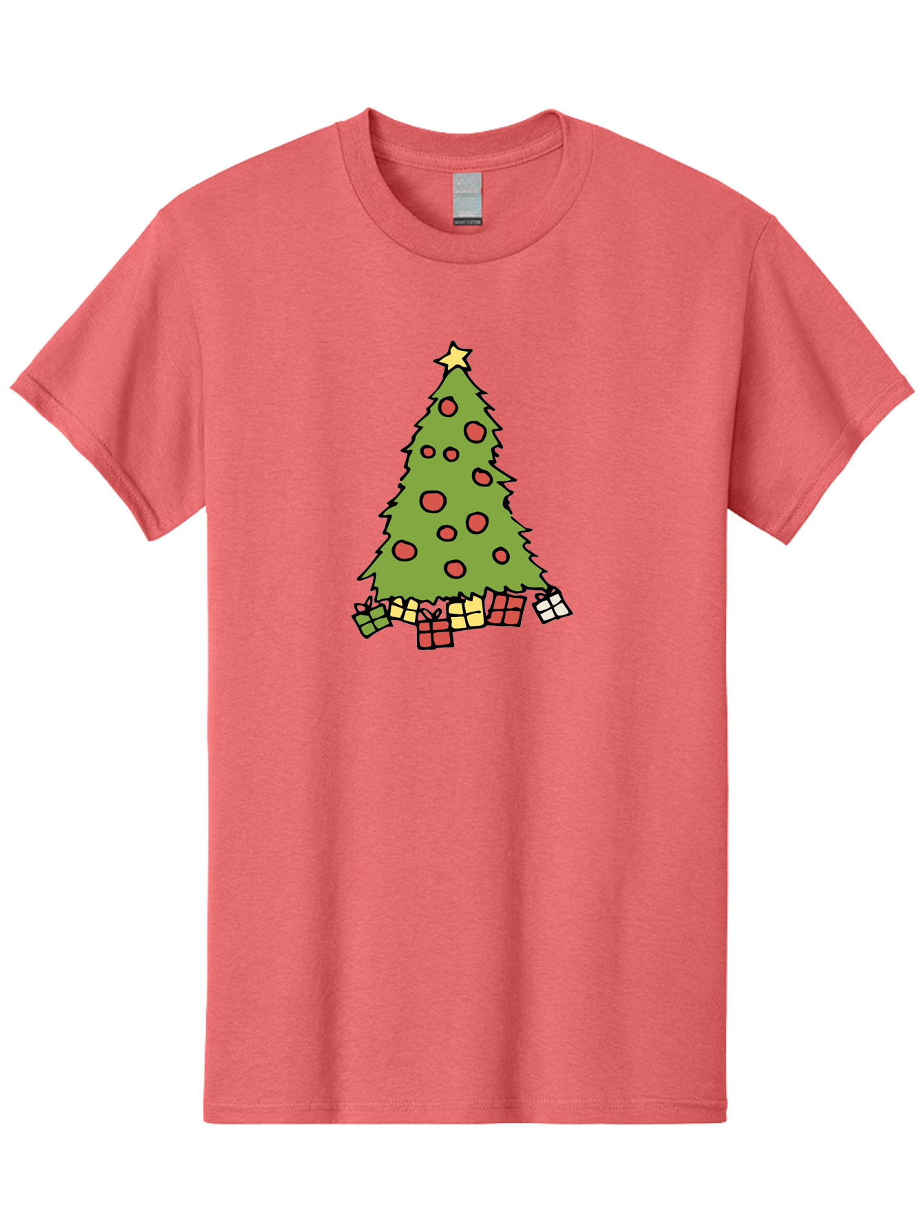 Christmas-Tree-3 Men'S Graphic Tee, 100% Cotton, Comfortable Casual Summer Wear, Machine Washable, Christmas Tree, Red Ornaments, Festive Decorations, Wrapped Gifts, Holiday Season, Joyful Atmosphere, Cartoon Style, Golden Star, -  Aaa824 11