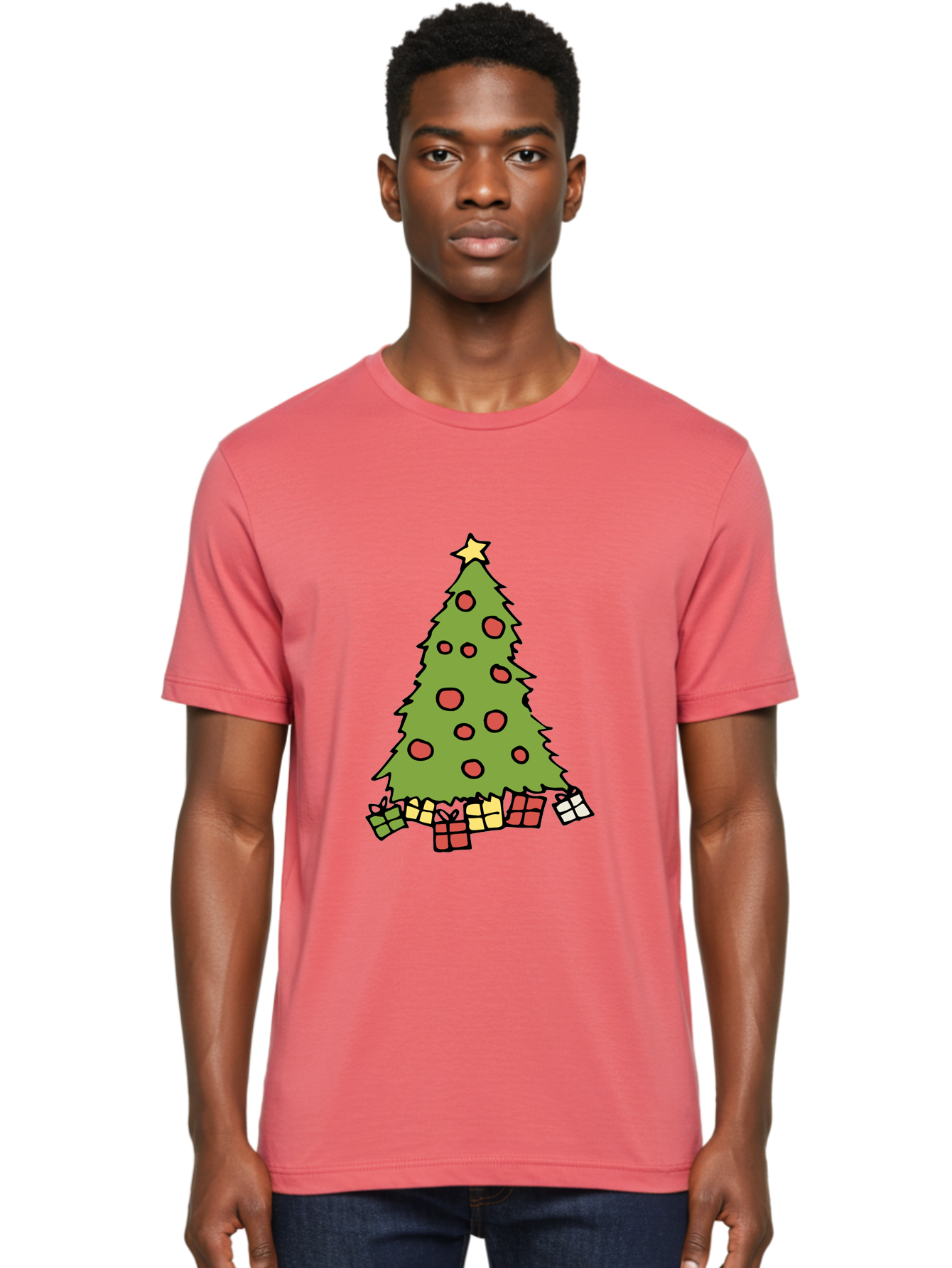 Christmas-Tree-3 Men'S Graphic Tee, 100% Cotton, Comfortable Casual Summer Wear, Machine Washable, Christmas Tree, Red Ornaments, Festive Decorations, Wrapped Gifts, Holiday Season, Joyful Atmosphere, Cartoon Style, Golden Star, -  Aaa824 12