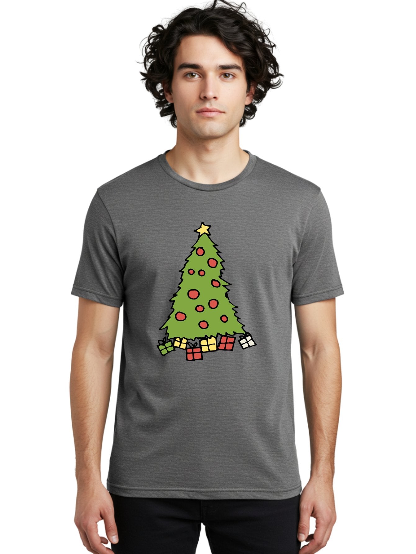 Christmas-Tree-3 Men'S Graphic Tee, 100% Cotton, Comfortable Casual Summer Wear, Machine Washable, Christmas Tree, Red Ornaments, Festive Decorations, Wrapped Gifts, Holiday Season, Joyful Atmosphere, Cartoon Style, Golden Star, -  Aaa824 28