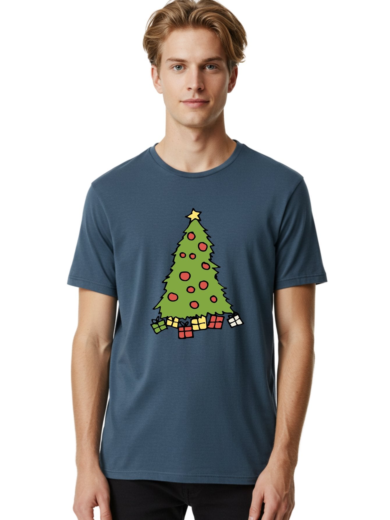 Christmas-Tree-3 Men'S Graphic Tee, 100% Cotton, Comfortable Casual Summer Wear, Machine Washable, Christmas Tree, Red Ornaments, Festive Decorations, Wrapped Gifts, Holiday Season, Joyful Atmosphere, Cartoon Style, Golden Star, -  Aaa824 21