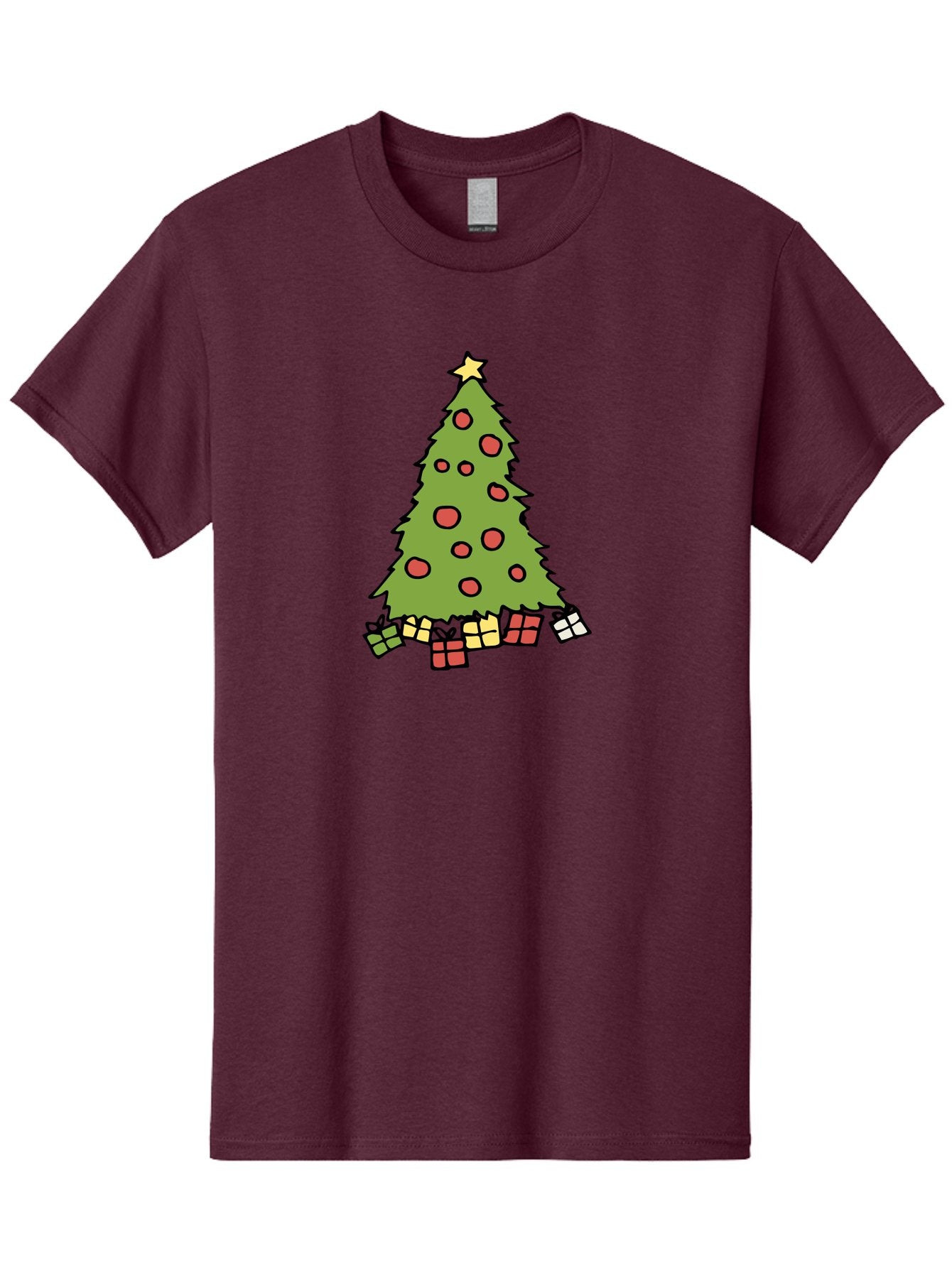 Christmas-Tree-3 Men'S Graphic Tee, 100% Cotton, Comfortable Casual Summer Wear, Machine Washable, Christmas Tree, Red Ornaments, Festive Decorations, Wrapped Gifts, Holiday Season, Joyful Atmosphere, Cartoon Style, Golden Star, -  Aaa824 14