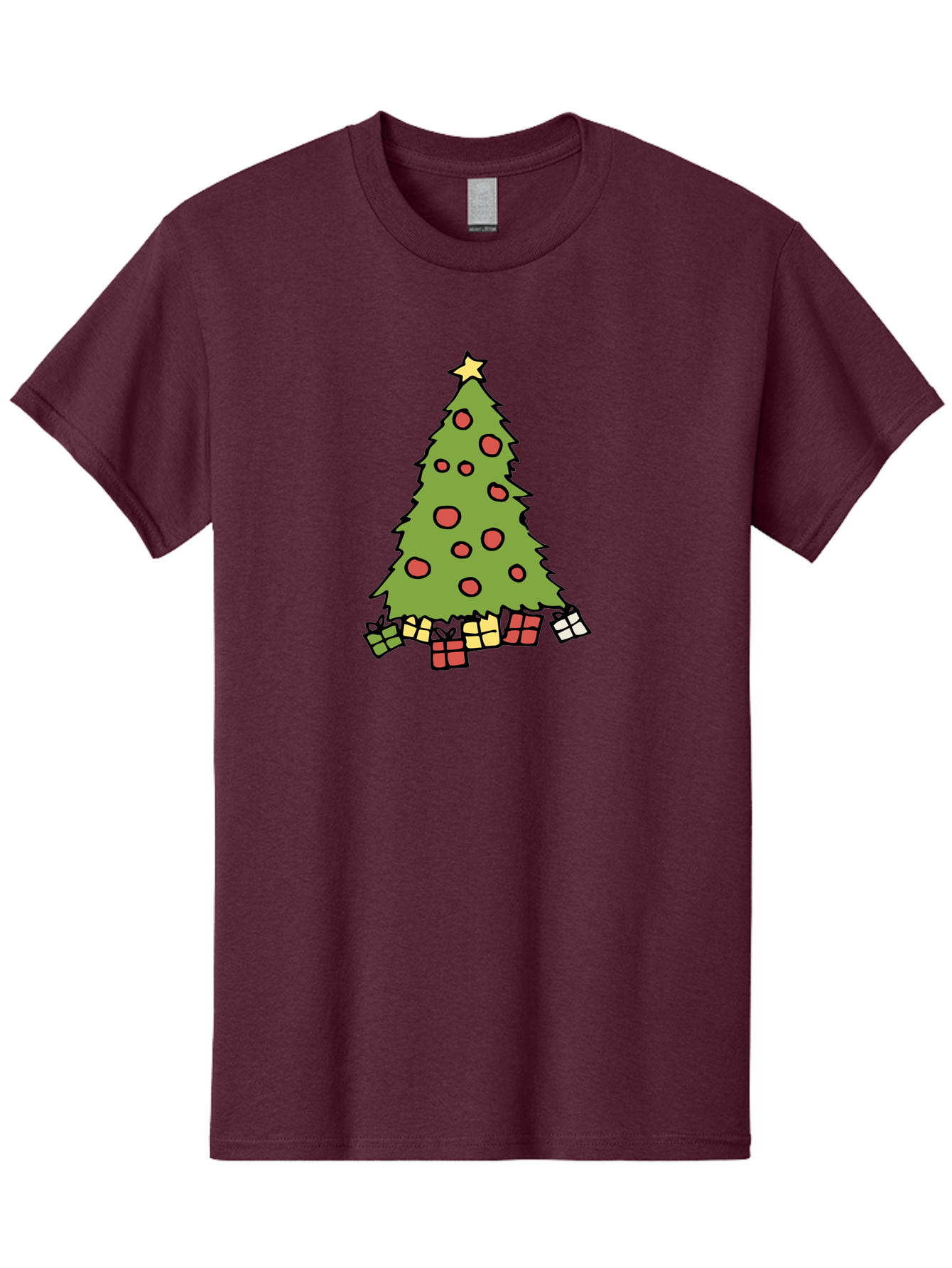 Christmas-Tree-3 Men'S Graphic Tee, 100% Cotton, Comfortable Casual Summer Wear, Machine Washable, Christmas Tree, Red Ornaments, Festive Decorations, Wrapped Gifts, Holiday Season, Joyful Atmosphere, Cartoon Style, Golden Star, -  Aaa824