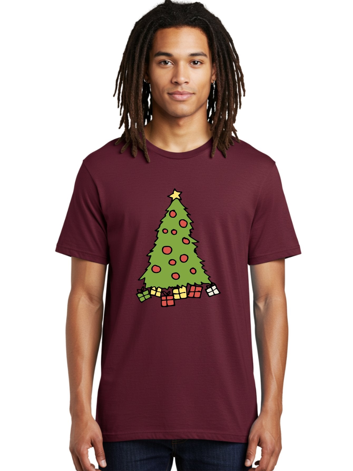 Christmas-Tree-3 Men'S Graphic Tee, 100% Cotton, Comfortable Casual Summer Wear, Machine Washable, Christmas Tree, Red Ornaments, Festive Decorations, Wrapped Gifts, Holiday Season, Joyful Atmosphere, Cartoon Style, Golden Star, -  Aaa824 29
