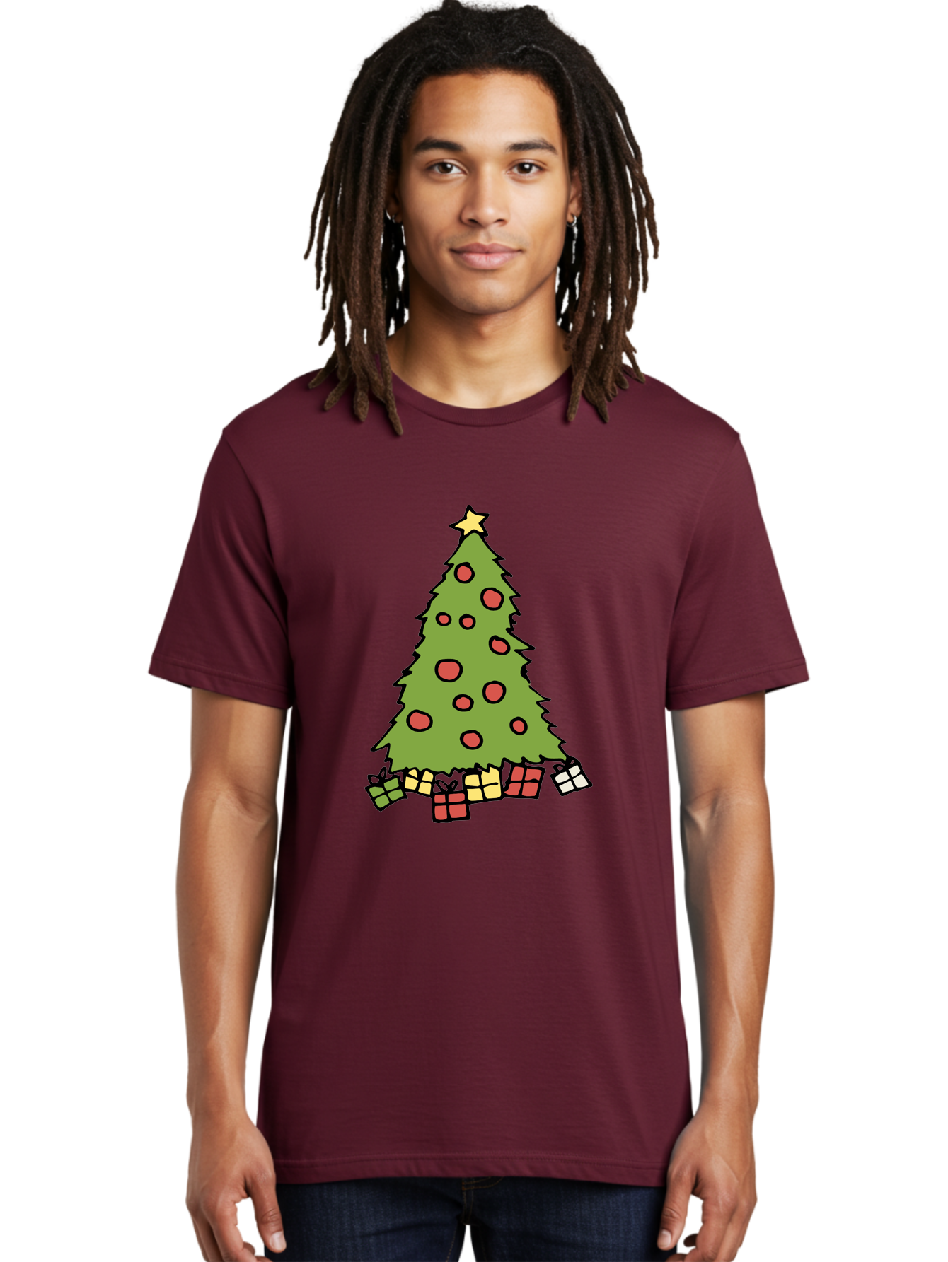 Christmas-Tree-3 Men'S Graphic Tee, 100% Cotton, Comfortable Casual Summer Wear, Machine Washable, Christmas Tree, Red Ornaments, Festive Decorations, Wrapped Gifts, Holiday Season, Joyful Atmosphere, Cartoon Style, Golden Star, -  Aaa824