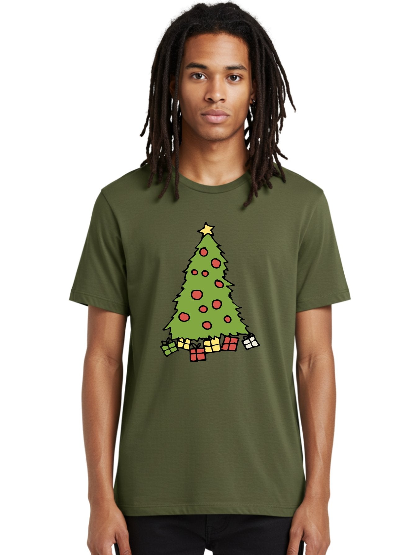 Christmas-Tree-3 Men'S Graphic Tee, 100% Cotton, Comfortable Casual Summer Wear, Machine Washable, Christmas Tree, Red Ornaments, Festive Decorations, Wrapped Gifts, Holiday Season, Joyful Atmosphere, Cartoon Style, Golden Star, -  Aaa824 25