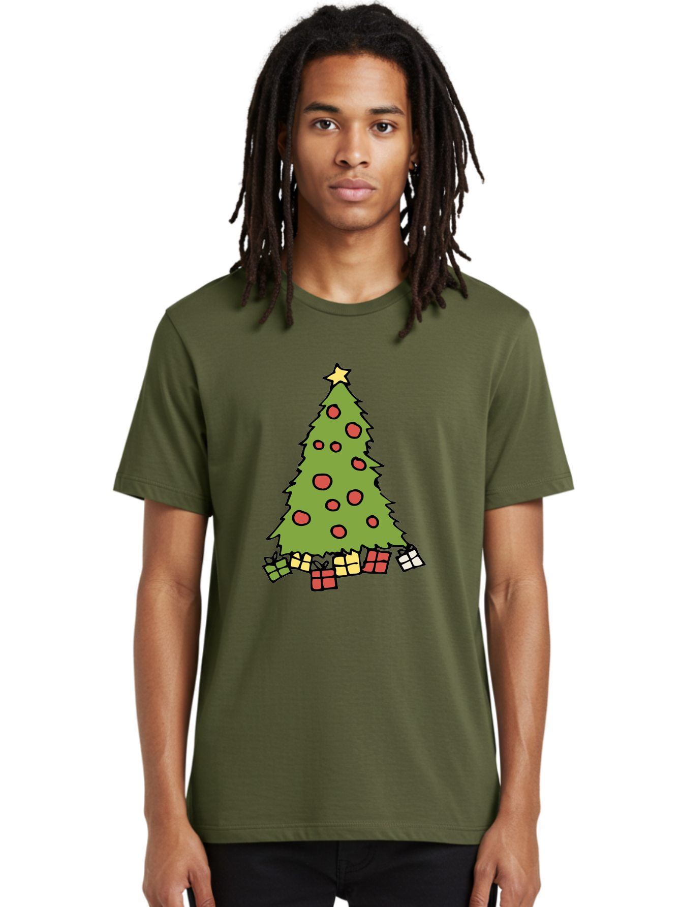 Christmas-Tree-3 Men'S Graphic Tee, 100% Cotton, Comfortable Casual Summer Wear, Machine Washable, Christmas Tree, Red Ornaments, Festive Decorations, Wrapped Gifts, Holiday Season, Joyful Atmosphere, Cartoon Style, Golden Star, -  Aaa824 28
