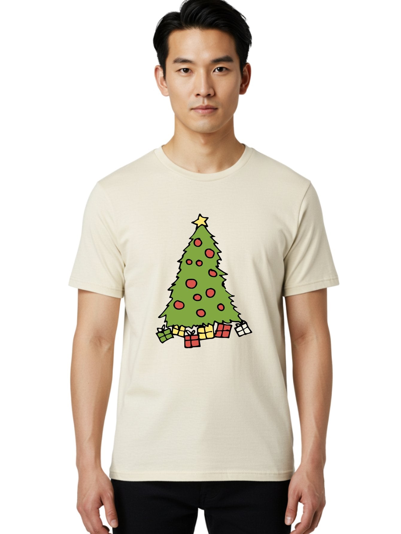 Christmas-Tree-3 Men'S Graphic Tee, 100% Cotton, Comfortable Casual Summer Wear, Machine Washable, Christmas Tree, Red Ornaments, Festive Decorations, Wrapped Gifts, Holiday Season, Joyful Atmosphere, Cartoon Style, Golden Star, -  Aaa824 22