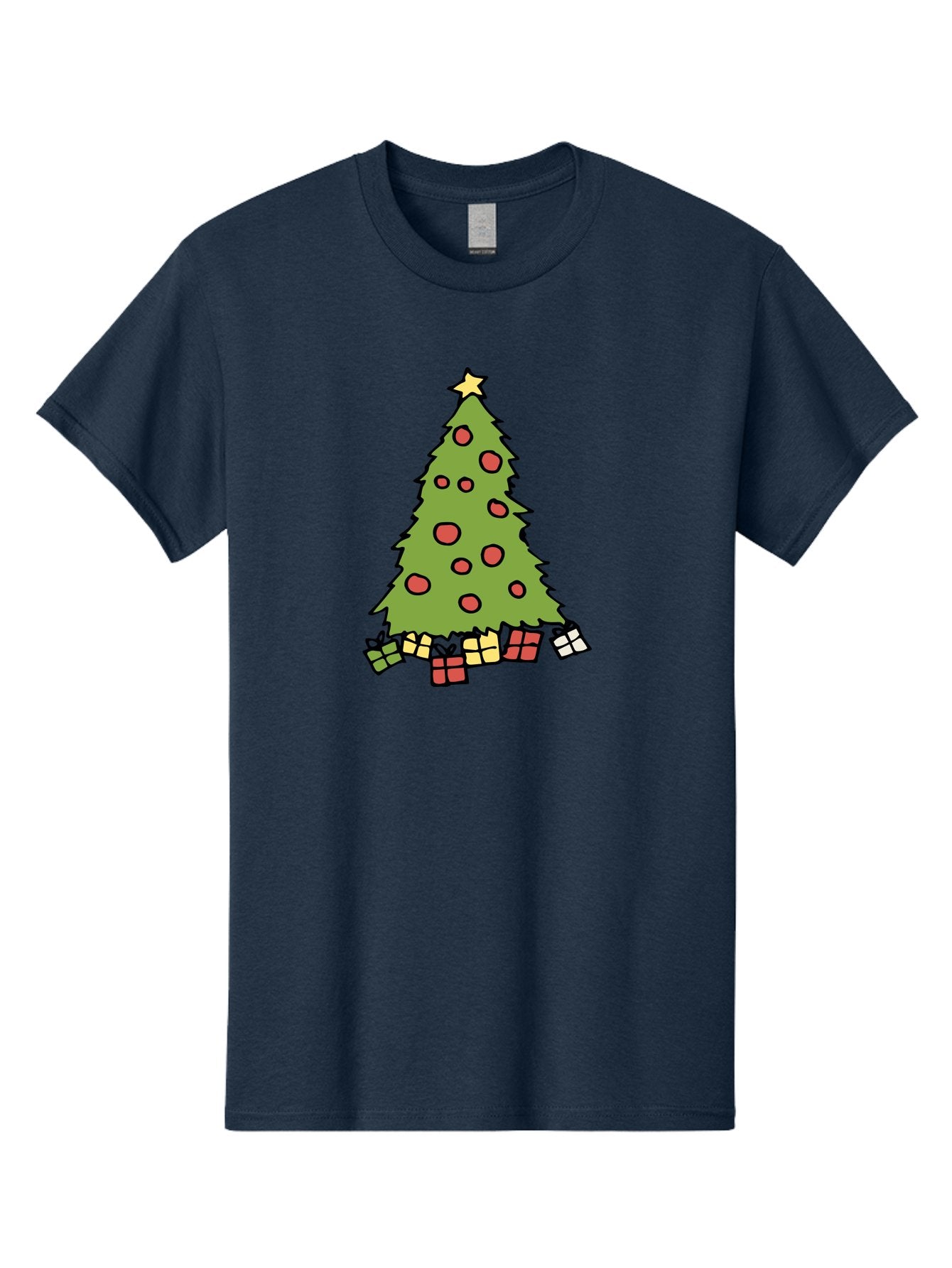 Christmas-Tree-3 Men'S Graphic Tee, 100% Cotton, Comfortable Casual Summer Wear, Machine Washable, Christmas Tree, Red Ornaments, Festive Decorations, Wrapped Gifts, Holiday Season, Joyful Atmosphere, Cartoon Style, Golden Star, -  Aaa824