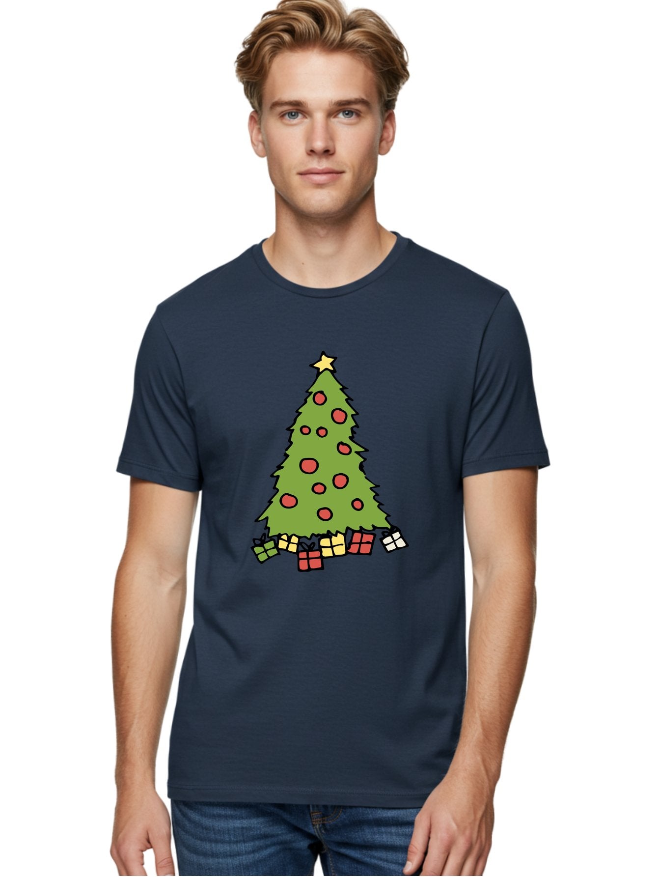 Christmas-Tree-3 Men'S Graphic Tee, 100% Cotton, Comfortable Casual Summer Wear, Machine Washable, Christmas Tree, Red Ornaments, Festive Decorations, Wrapped Gifts, Holiday Season, Joyful Atmosphere, Cartoon Style, Golden Star, -  Aaa824 19