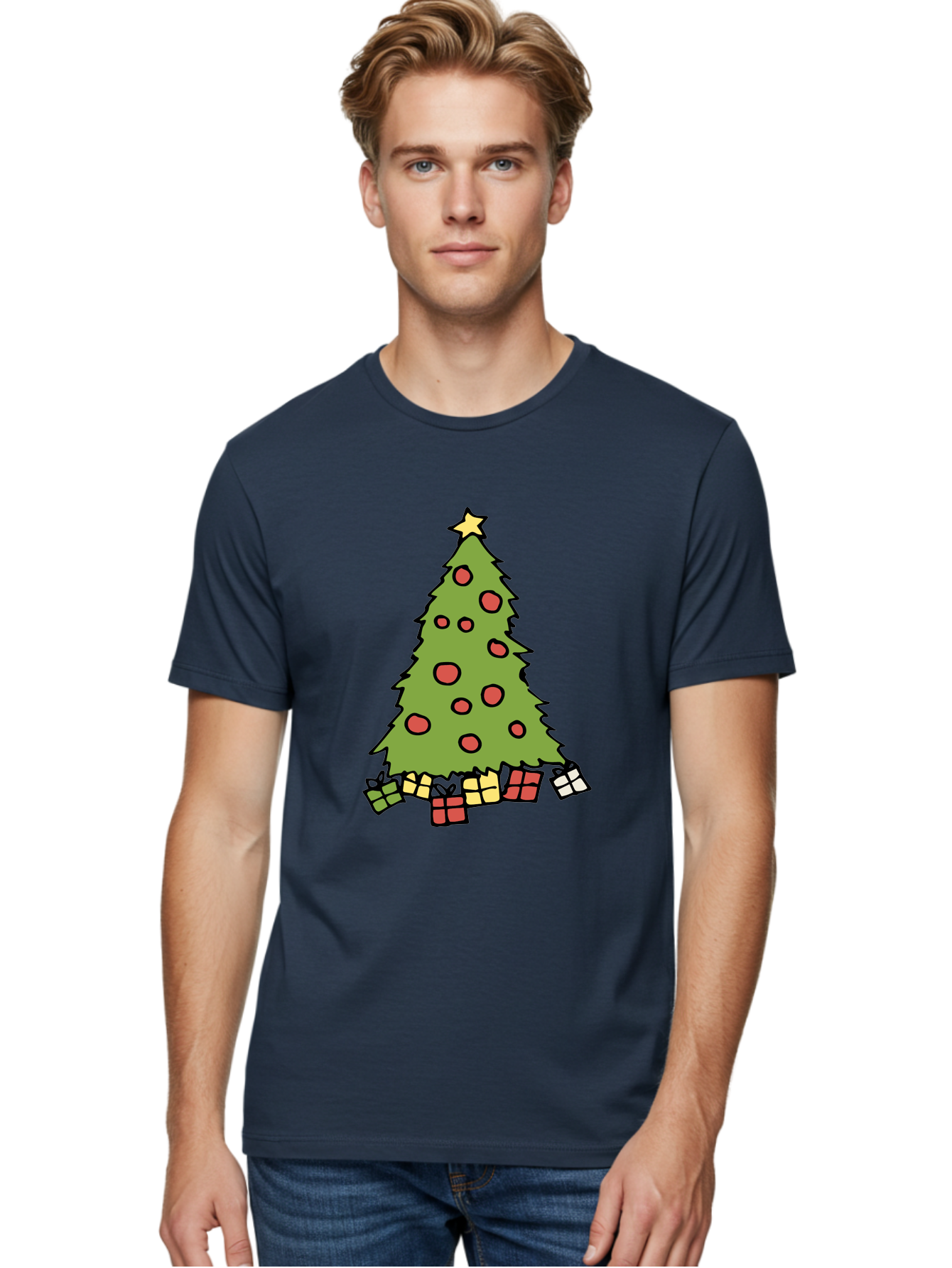 Christmas-Tree-3 Men'S Graphic Tee, 100% Cotton, Comfortable Casual Summer Wear, Machine Washable, Christmas Tree, Red Ornaments, Festive Decorations, Wrapped Gifts, Holiday Season, Joyful Atmosphere, Cartoon Style, Golden Star, -  Aaa824 8