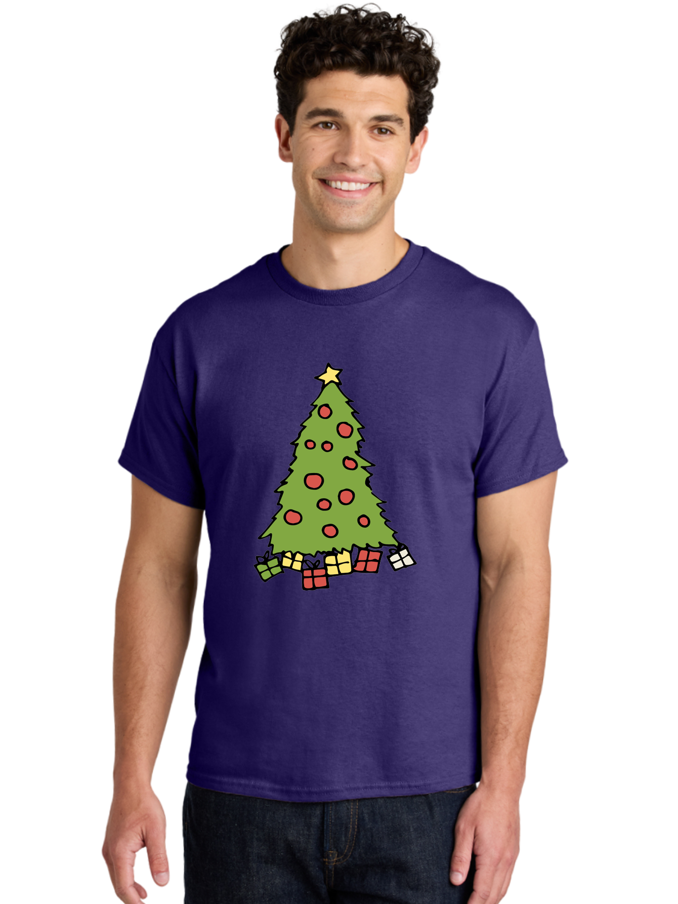 Christmas-Tree-3 Men'S Graphic Tee, 100% Cotton, Comfortable Casual Summer Wear, Machine Washable, Christmas Tree, Red Ornaments, Festive Decorations, Wrapped Gifts, Holiday Season, Joyful Atmosphere, Cartoon Style, Golden Star, -  Aaa824 10