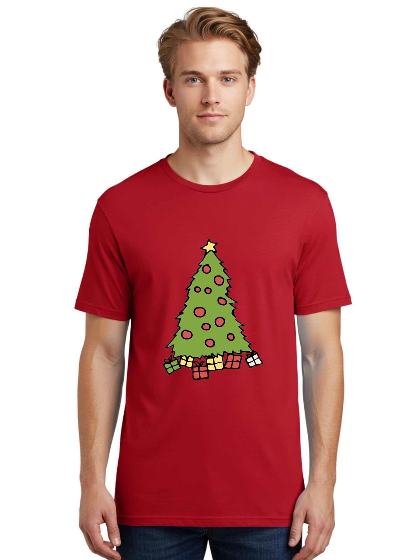 Christmas-Tree-3 Men'S Graphic Tee, 100% Cotton, Comfortable Casual Summer Wear, Machine Washable, Christmas Tree, Red Ornaments, Festive Decorations, Wrapped Gifts, Holiday Season, Joyful Atmosphere, Cartoon Style, Golden Star, -  Aaa824 4