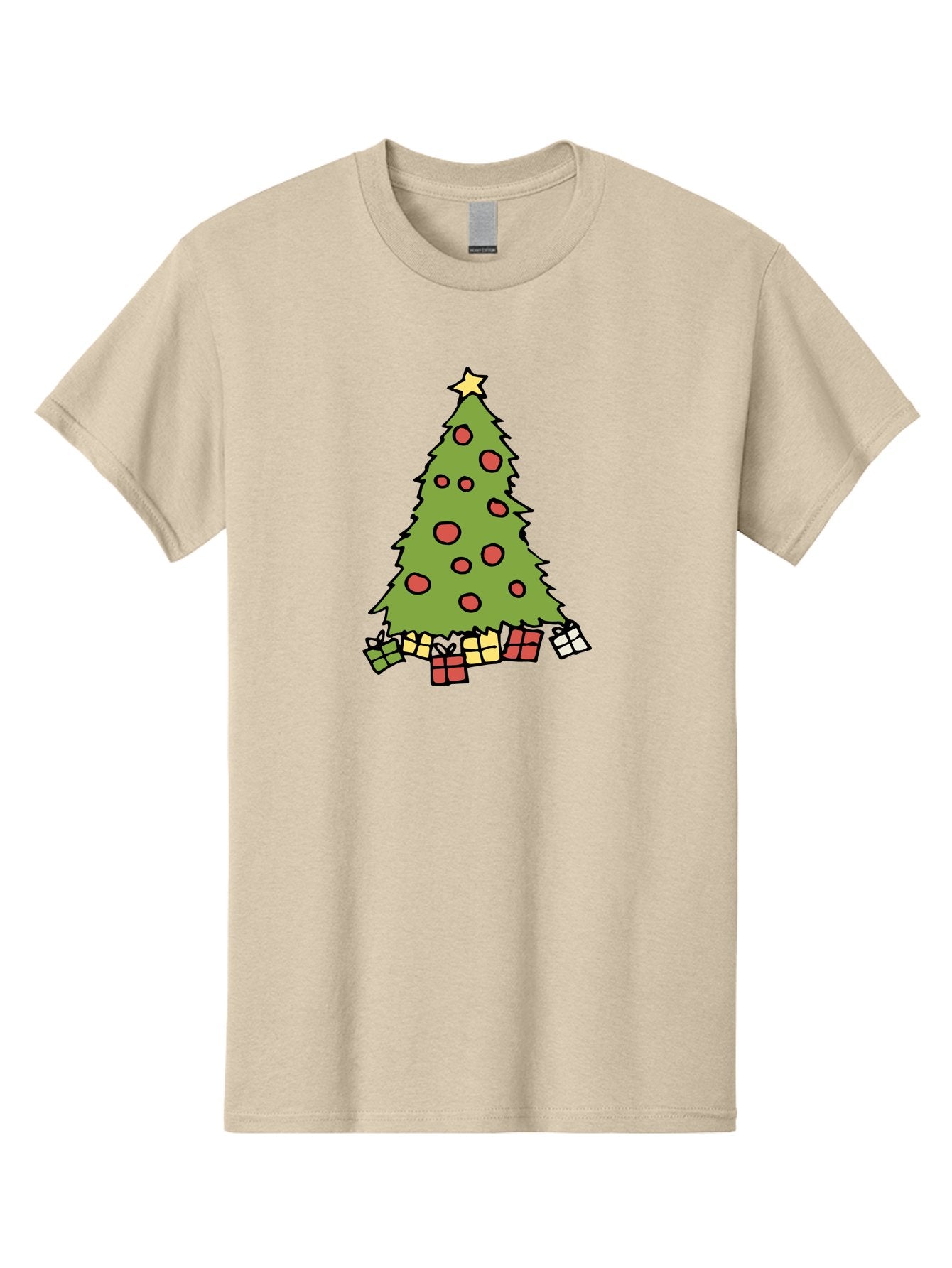 Christmas-Tree-3 Men'S Graphic Tee, 100% Cotton, Comfortable Casual Summer Wear, Machine Washable, Christmas Tree, Red Ornaments, Festive Decorations, Wrapped Gifts, Holiday Season, Joyful Atmosphere, Cartoon Style, Golden Star, -  Aaa824 15