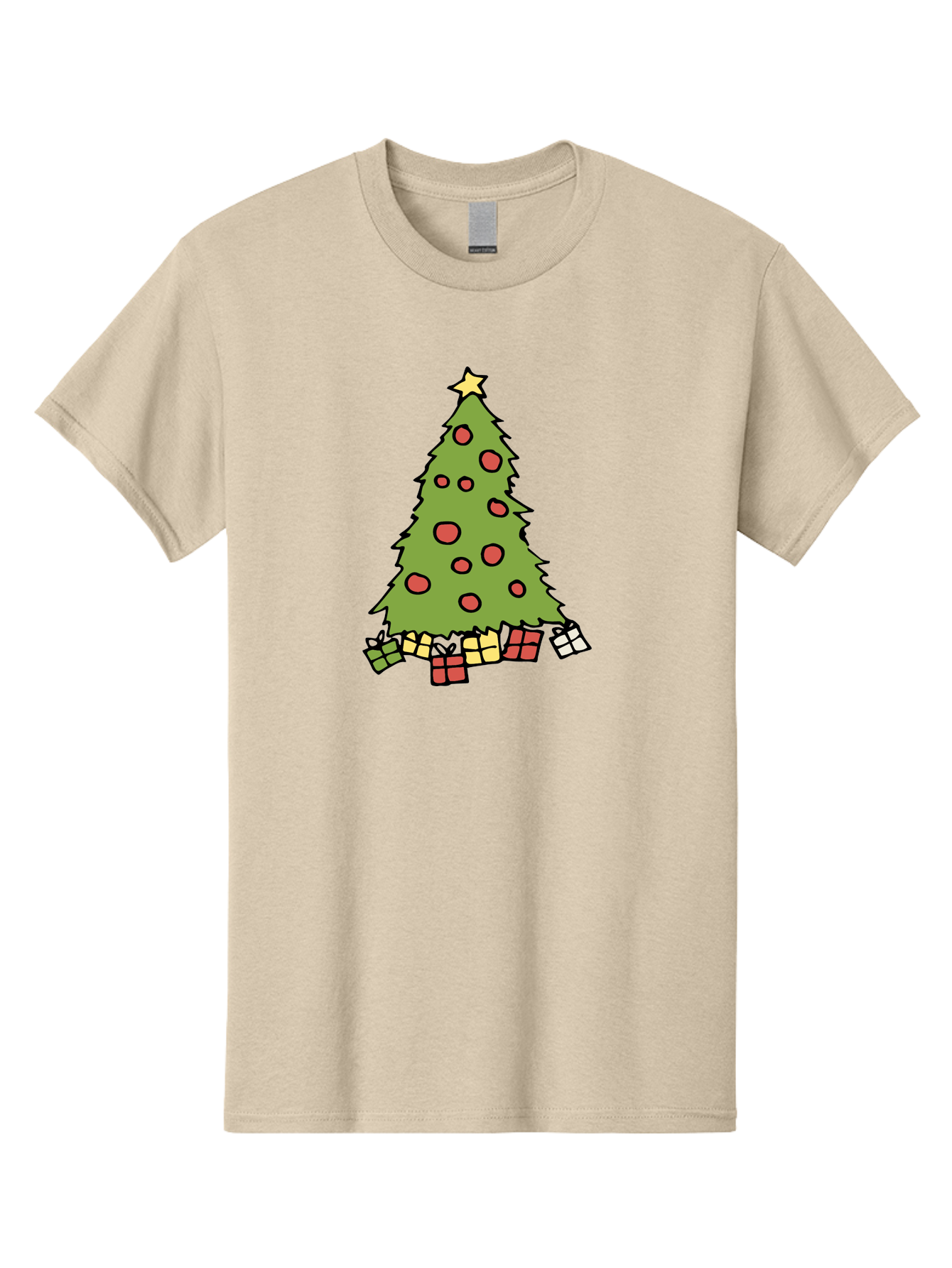 Christmas-Tree-3 Men'S Graphic Tee, 100% Cotton, Comfortable Casual Summer Wear, Machine Washable, Christmas Tree, Red Ornaments, Festive Decorations, Wrapped Gifts, Holiday Season, Joyful Atmosphere, Cartoon Style, Golden Star, -  Aaa824 23