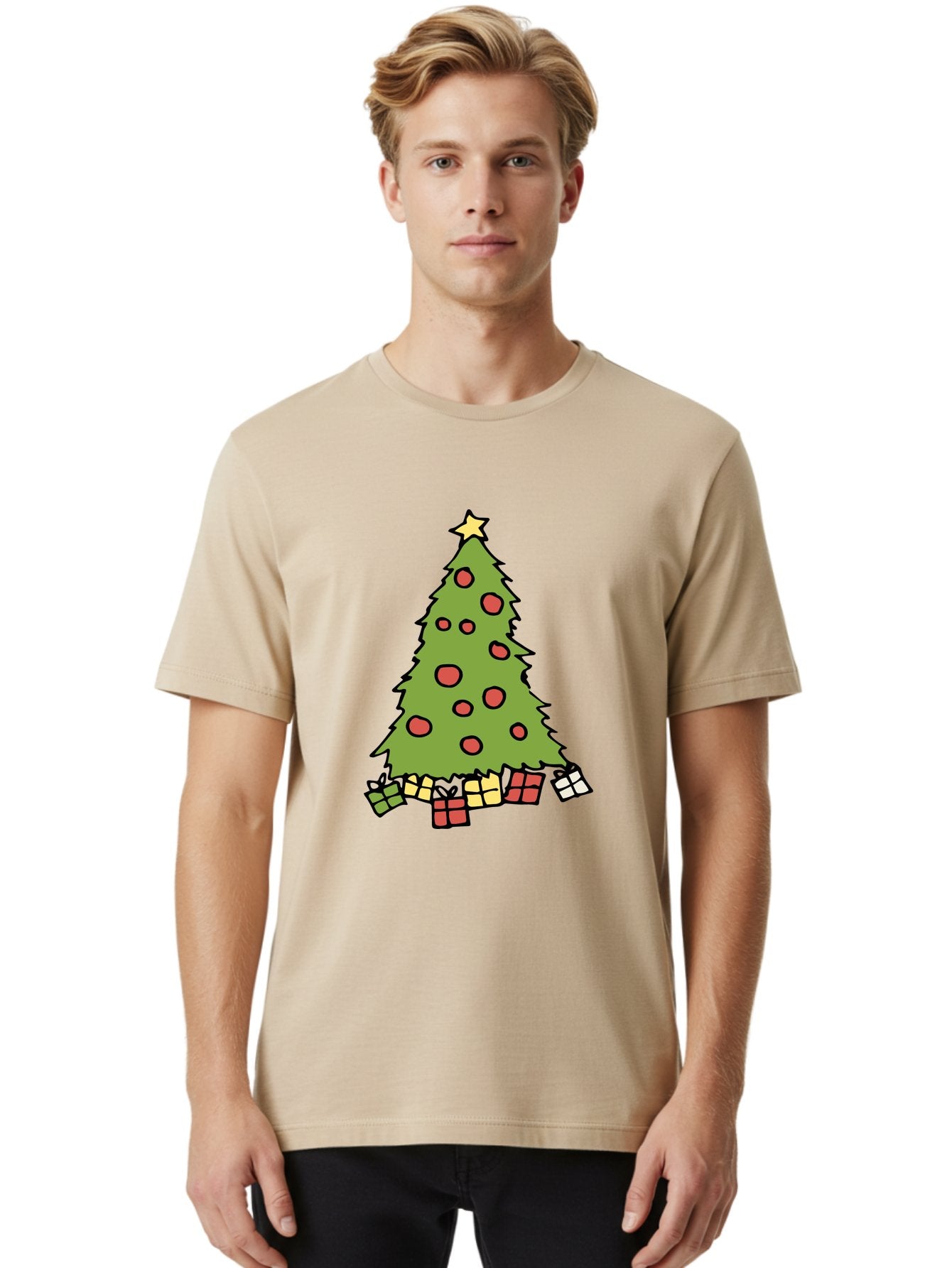 Christmas-Tree-3 Men'S Graphic Tee, 100% Cotton, Comfortable Casual Summer Wear, Machine Washable, Christmas Tree, Red Ornaments, Festive Decorations, Wrapped Gifts, Holiday Season, Joyful Atmosphere, Cartoon Style, Golden Star, -  Aaa824 30