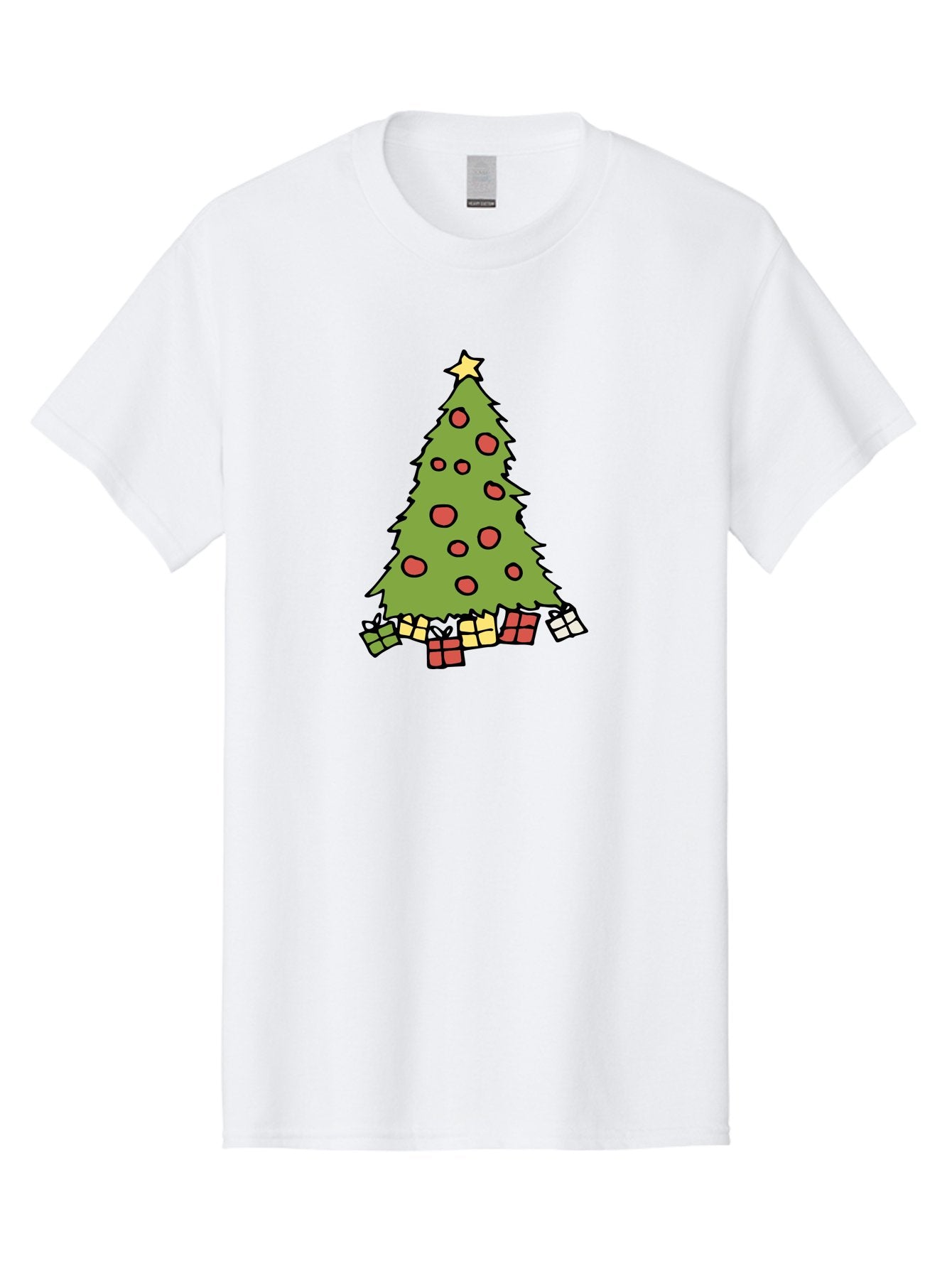 Christmas-Tree-3 Men'S Graphic Tee, 100% Cotton, Comfortable Casual Summer Wear, Machine Washable, Christmas Tree, Red Ornaments, Festive Decorations, Wrapped Gifts, Holiday Season, Joyful Atmosphere, Cartoon Style, Golden Star, -  Aaa824 9