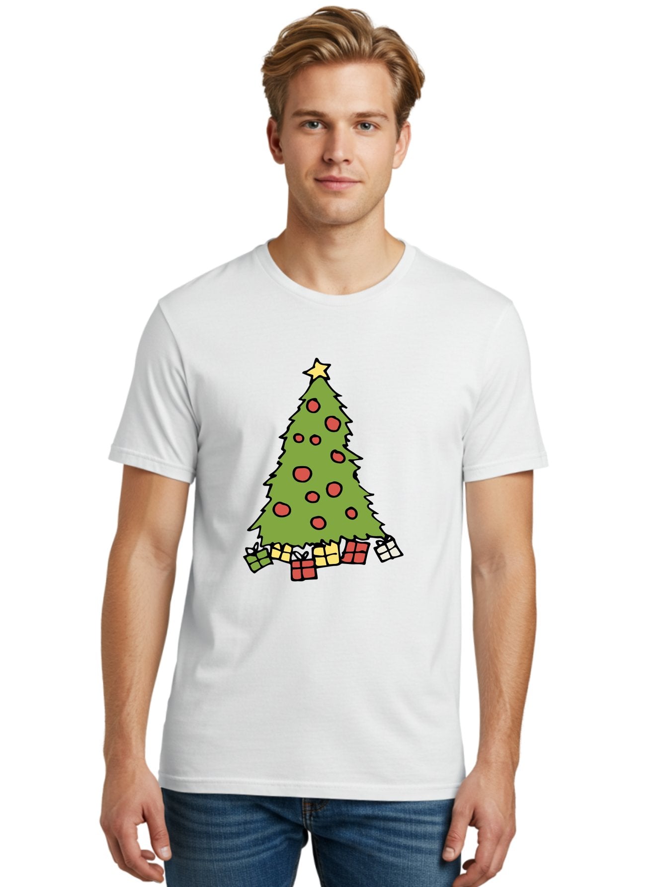 Christmas-Tree-3 Men'S Graphic Tee, 100% Cotton, Comfortable Casual Summer Wear, Machine Washable, Christmas Tree, Red Ornaments, Festive Decorations, Wrapped Gifts, Holiday Season, Joyful Atmosphere, Cartoon Style, Golden Star, -  Aaa824 26