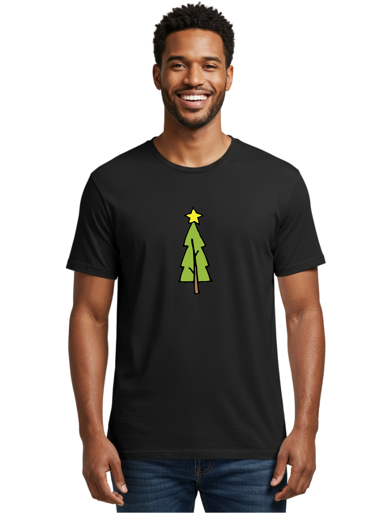 Christmas-Tree-4 Men'S Graphic Tee, 100% Cotton, Comfortable Casual Summer Wear, Machine Washable, Christmas Tree, Festive Season, Holiday Decorations, Star Topper, Cartoon Style, Simple Design, Green Tree, Yellow Star, Winter Wonderland, -  Aaa825