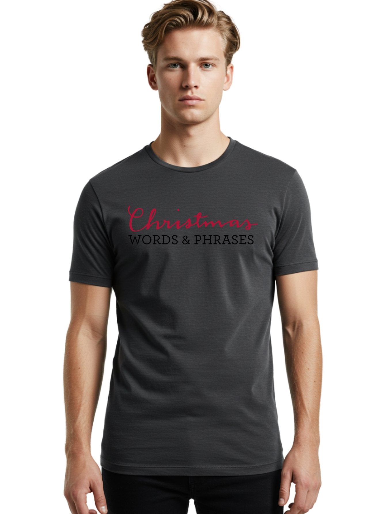 Christmas-Words-Phrases-2 Men'S Graphic Tee, 100% Cotton, Comfortable Casual Summer Wear, Machine Washable, Christmas Graphics, Holiday Phrases, Festive Fonts, Christmas Vocabulary, Seasonal Wording, Red And Black Text -  Aaa829 24