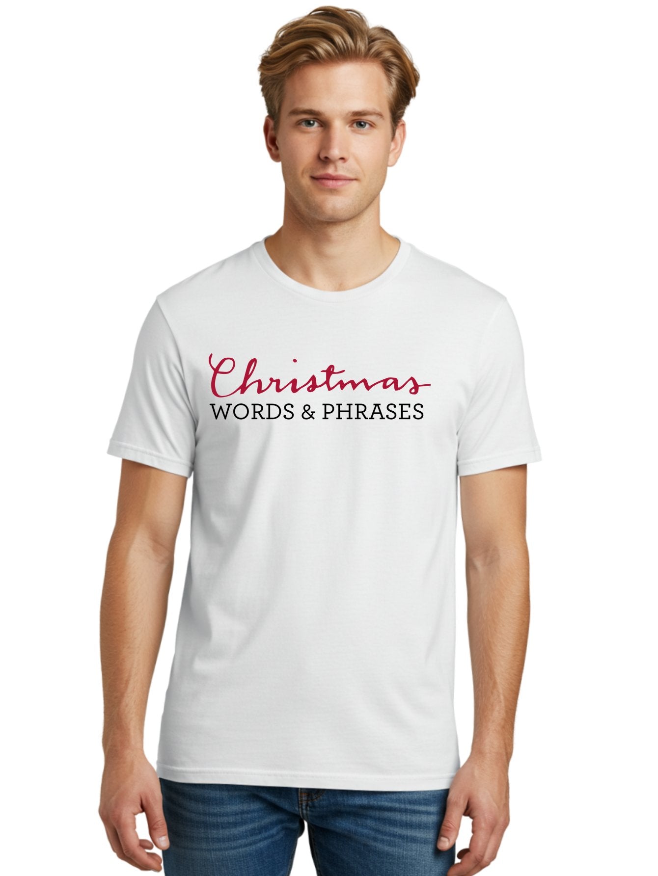 Christmas-Words-Phrases-2 Men'S Graphic Tee, 100% Cotton, Comfortable Casual Summer Wear, Machine Washable, Christmas Graphics, Holiday Phrases, Festive Fonts, Christmas Vocabulary, Seasonal Wording, Red And Black Text -  Aaa829 21